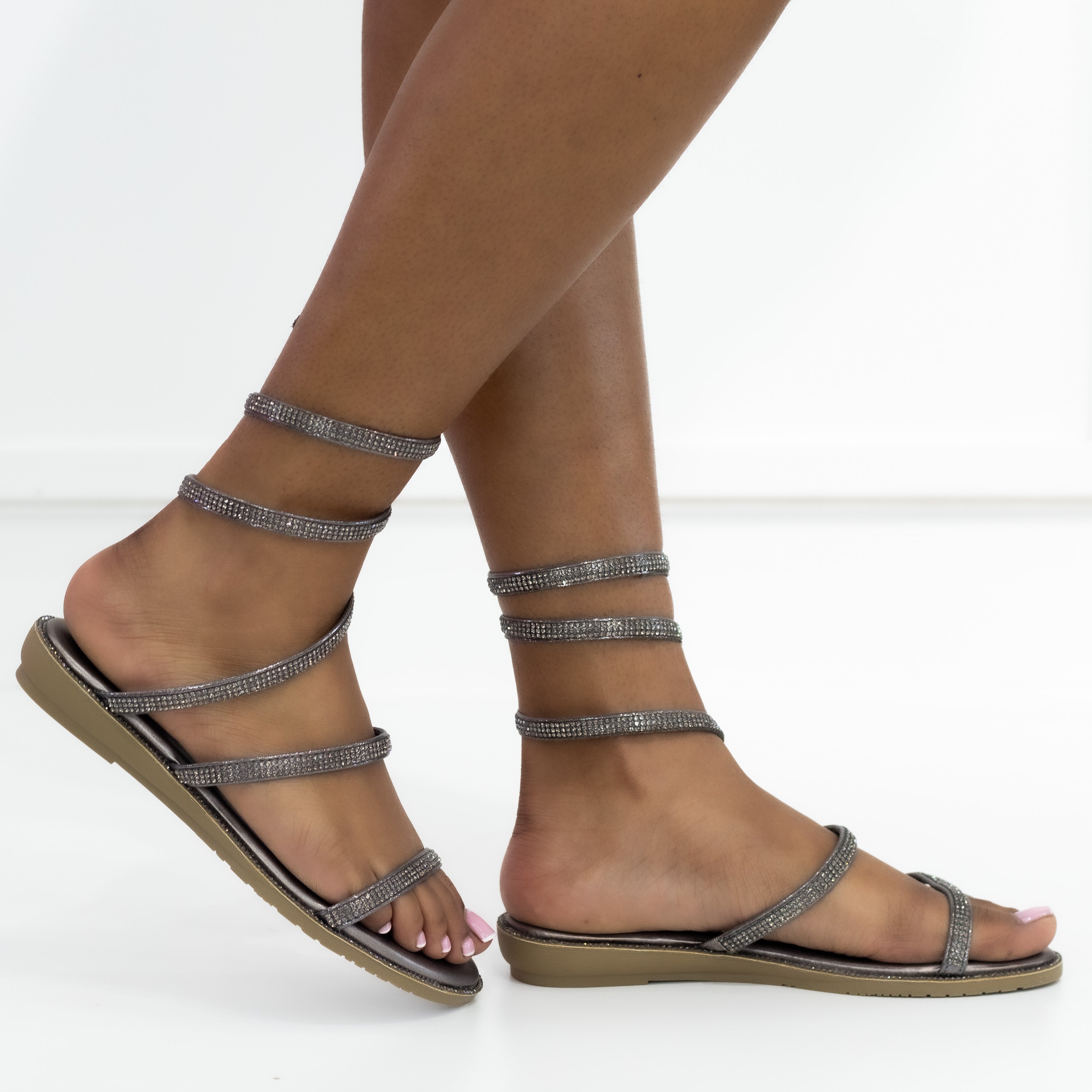 Pewter coil ankle band with diamond straps zaria