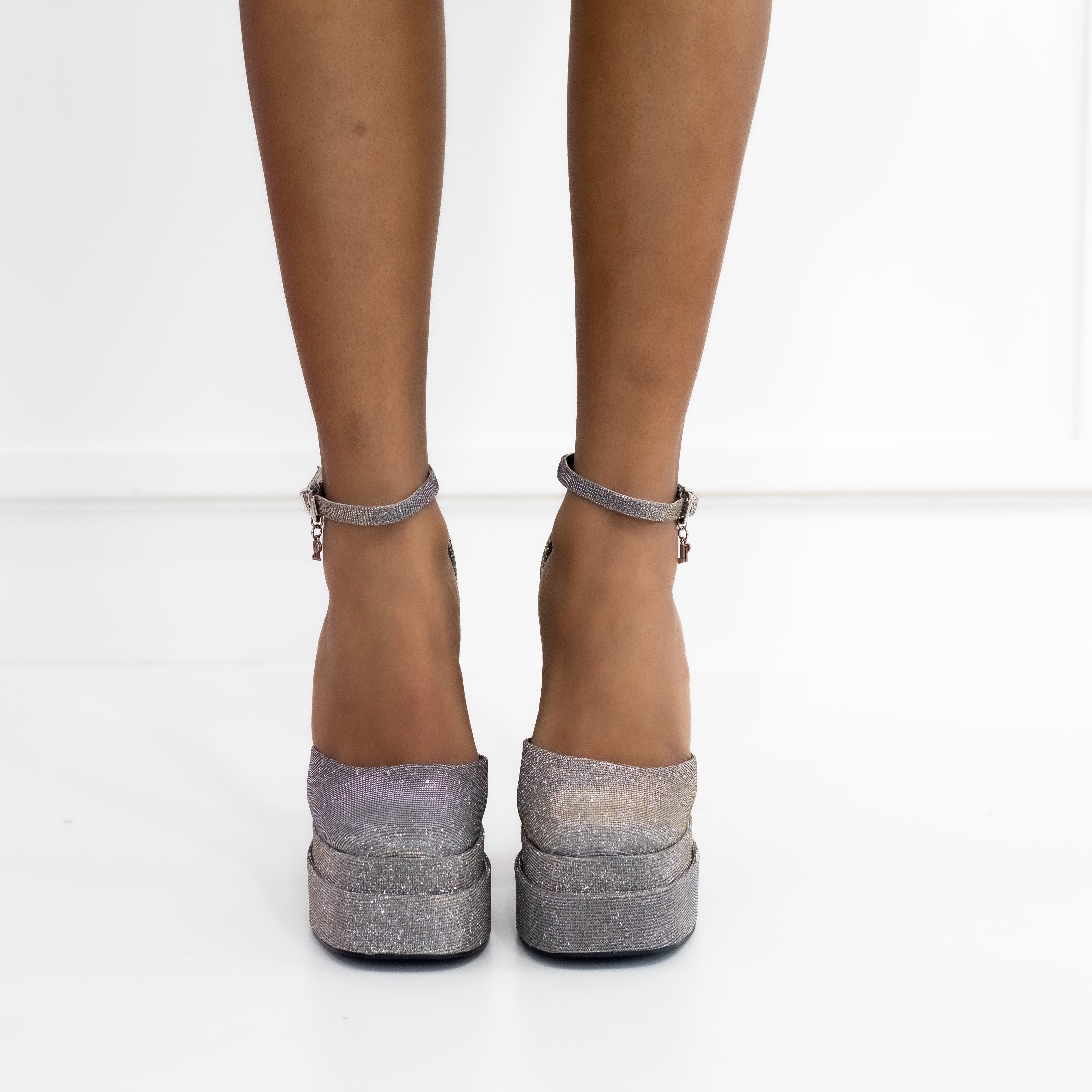 Pewter double platform open waist with diamonds 14,5cm heel nadia