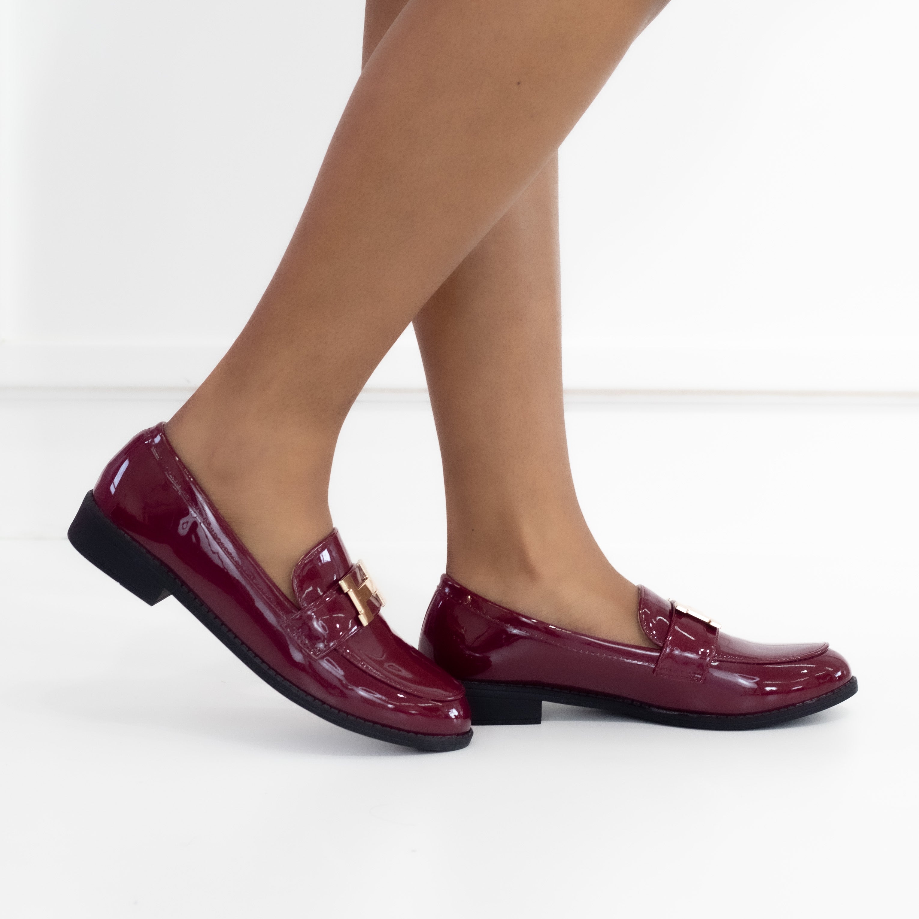 Wine flat loafer in pat pu with gold trim mishal