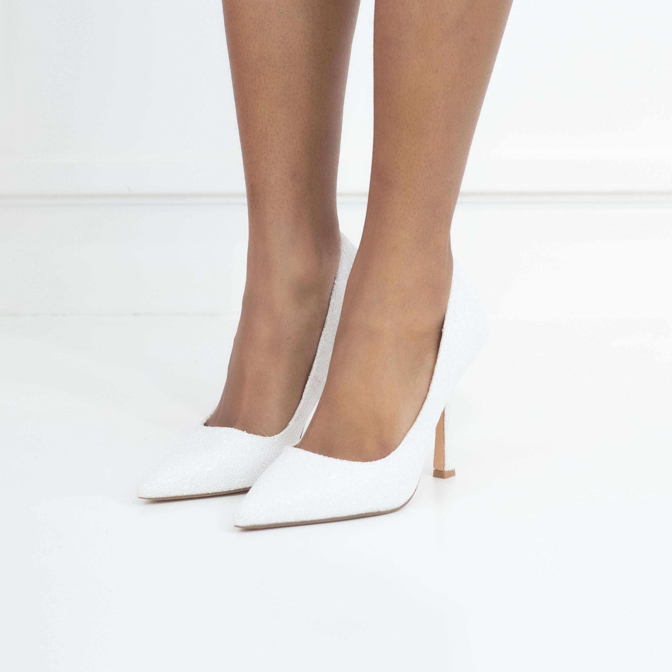 Melia glitter pointy court shoe on a mid heel white