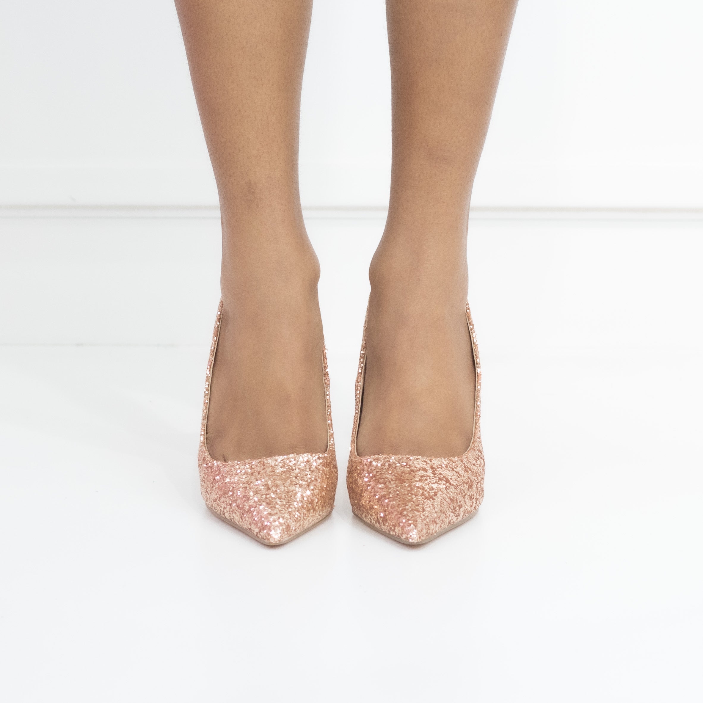 Champagne glitter pointy court shoe on a mid heel melia