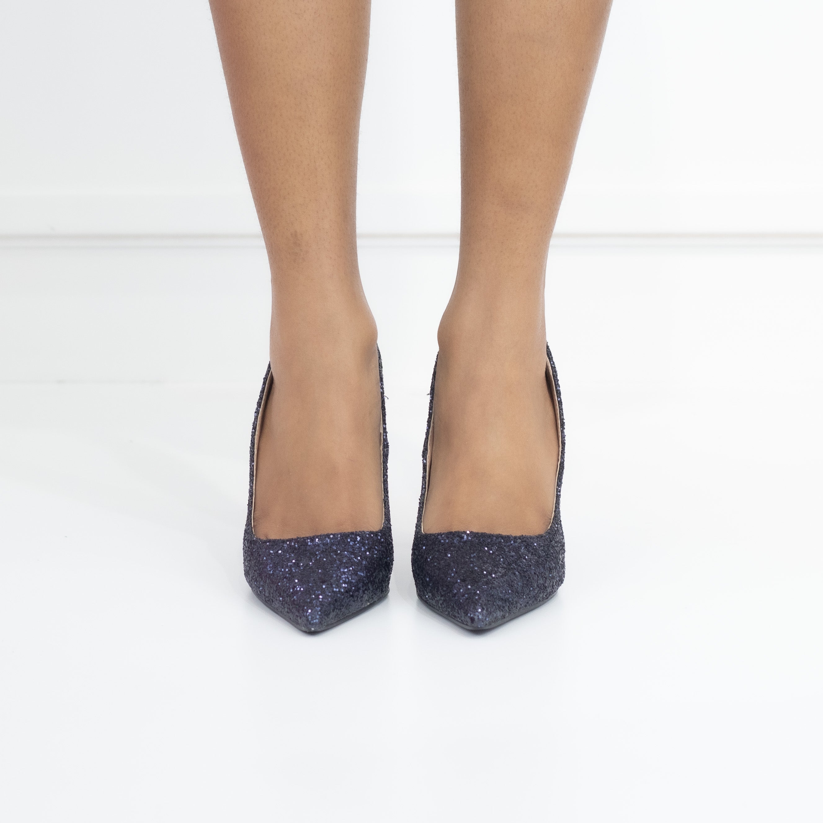 Melia glitter pointy court shoe on a mid heel bluish black