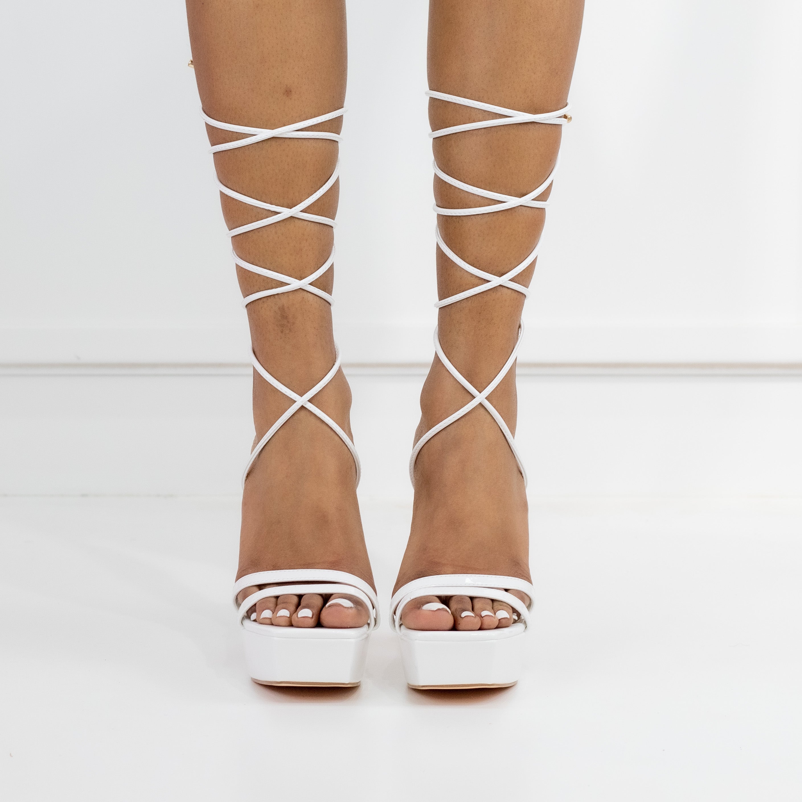 White 12cm platform Funky heel double band patent PU sandal nelka