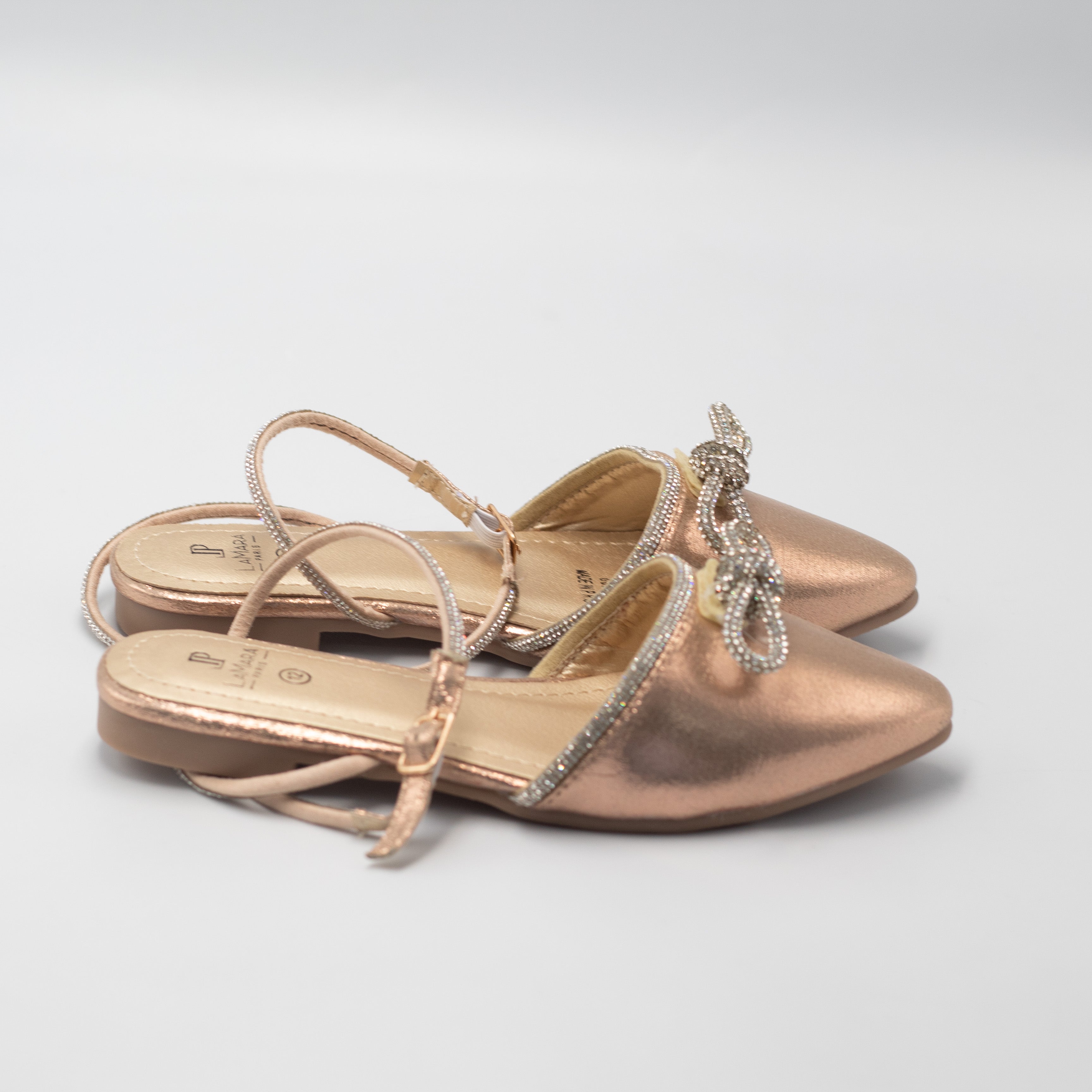 Gulfa girls ankle strap pump with diamante bow rose gold