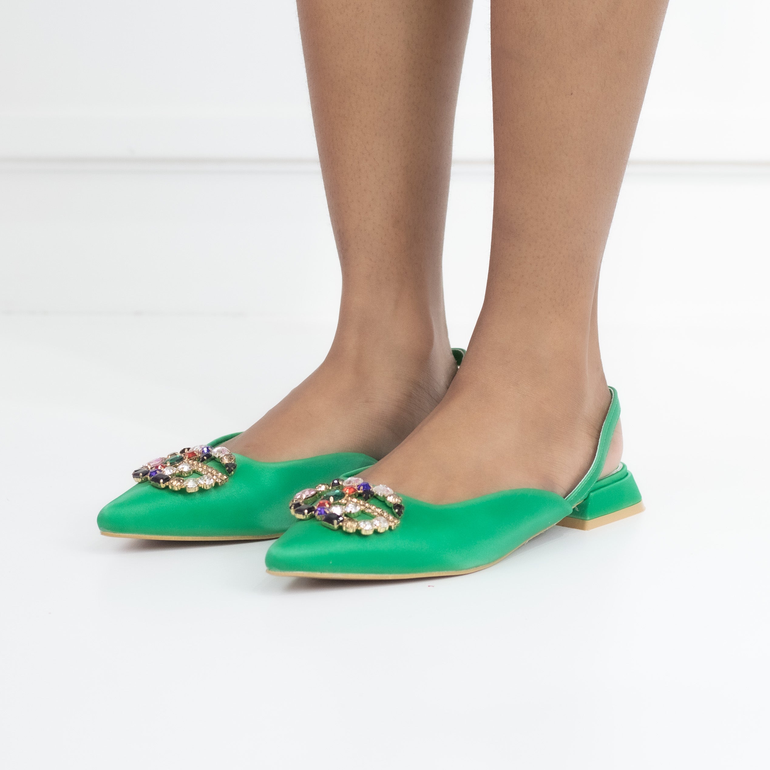 Green Satin pointy sling back with gold bling trim dilara
