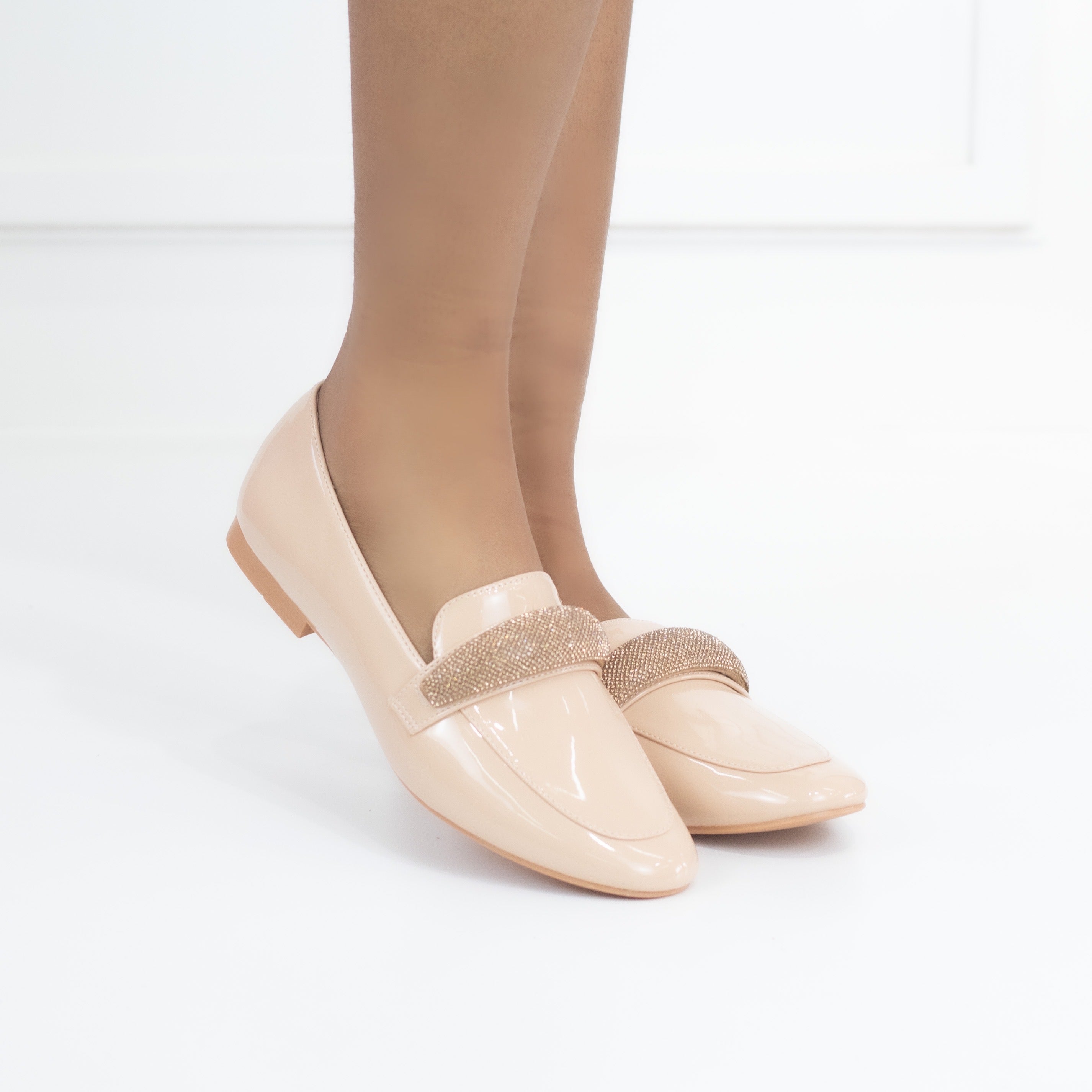 Honey flat loafer pat PU with diamante detail Nude