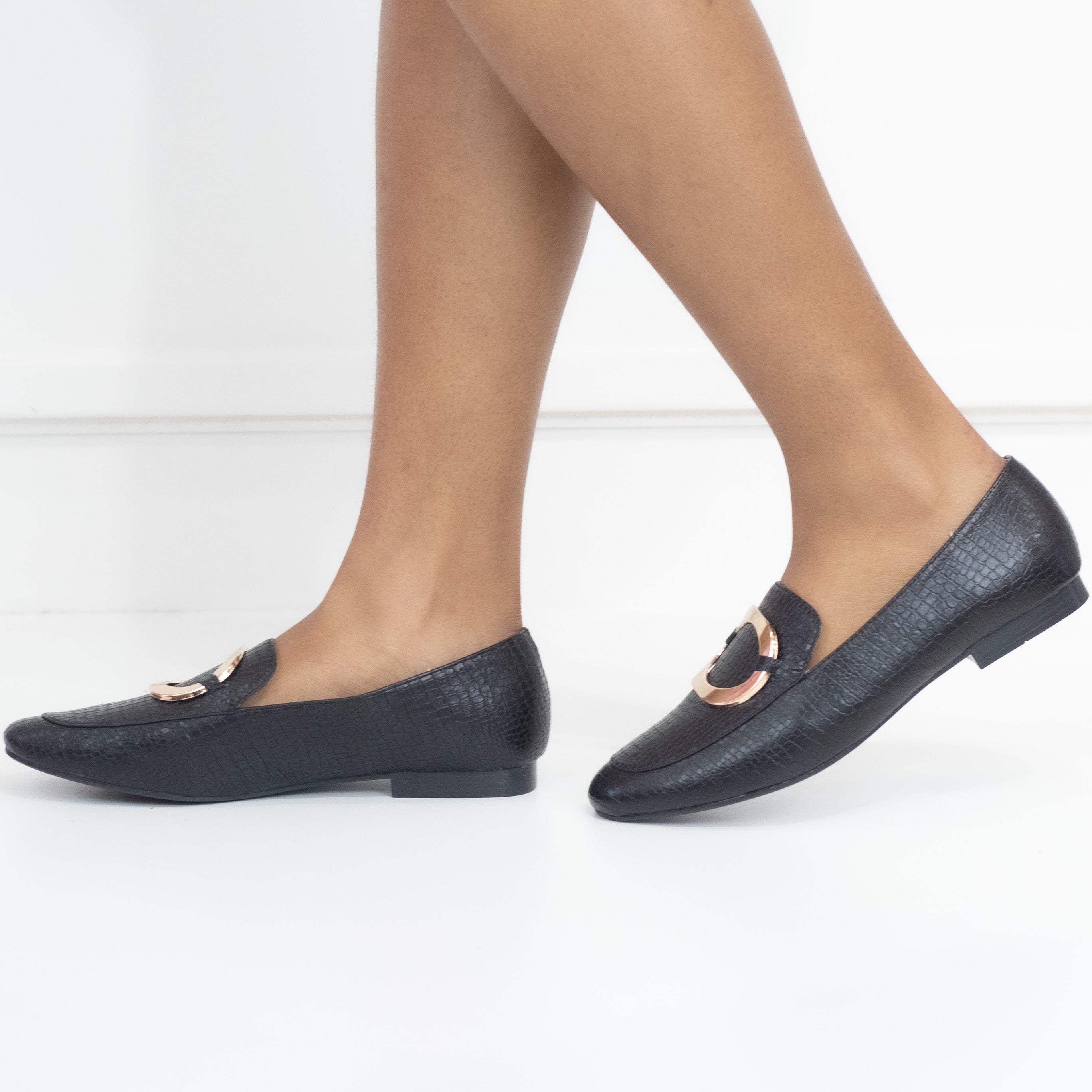 Black flat loafer with round gold trim harini