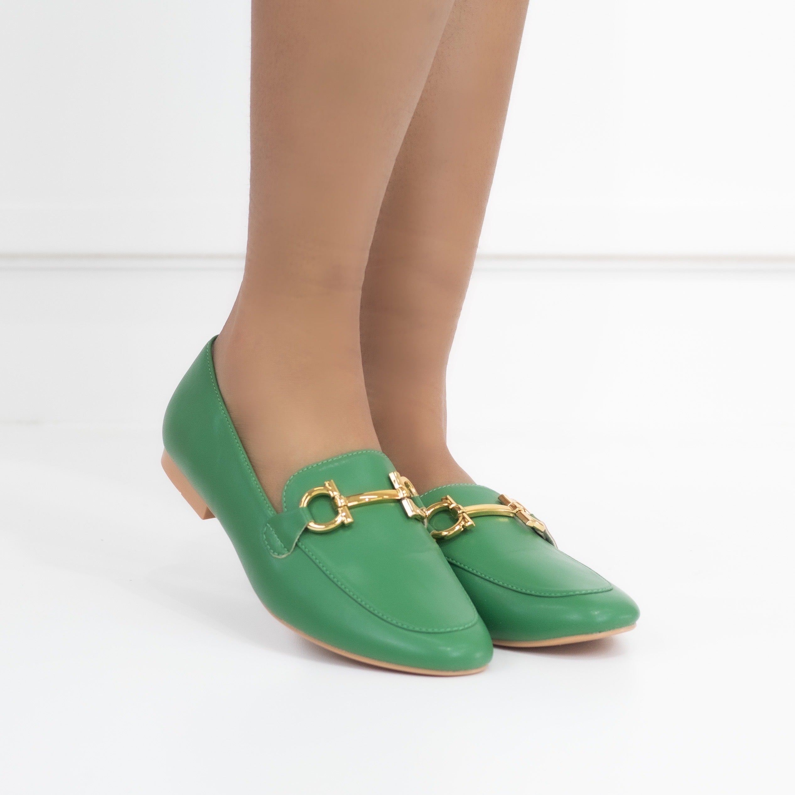 Harsha moc with gold link trim green