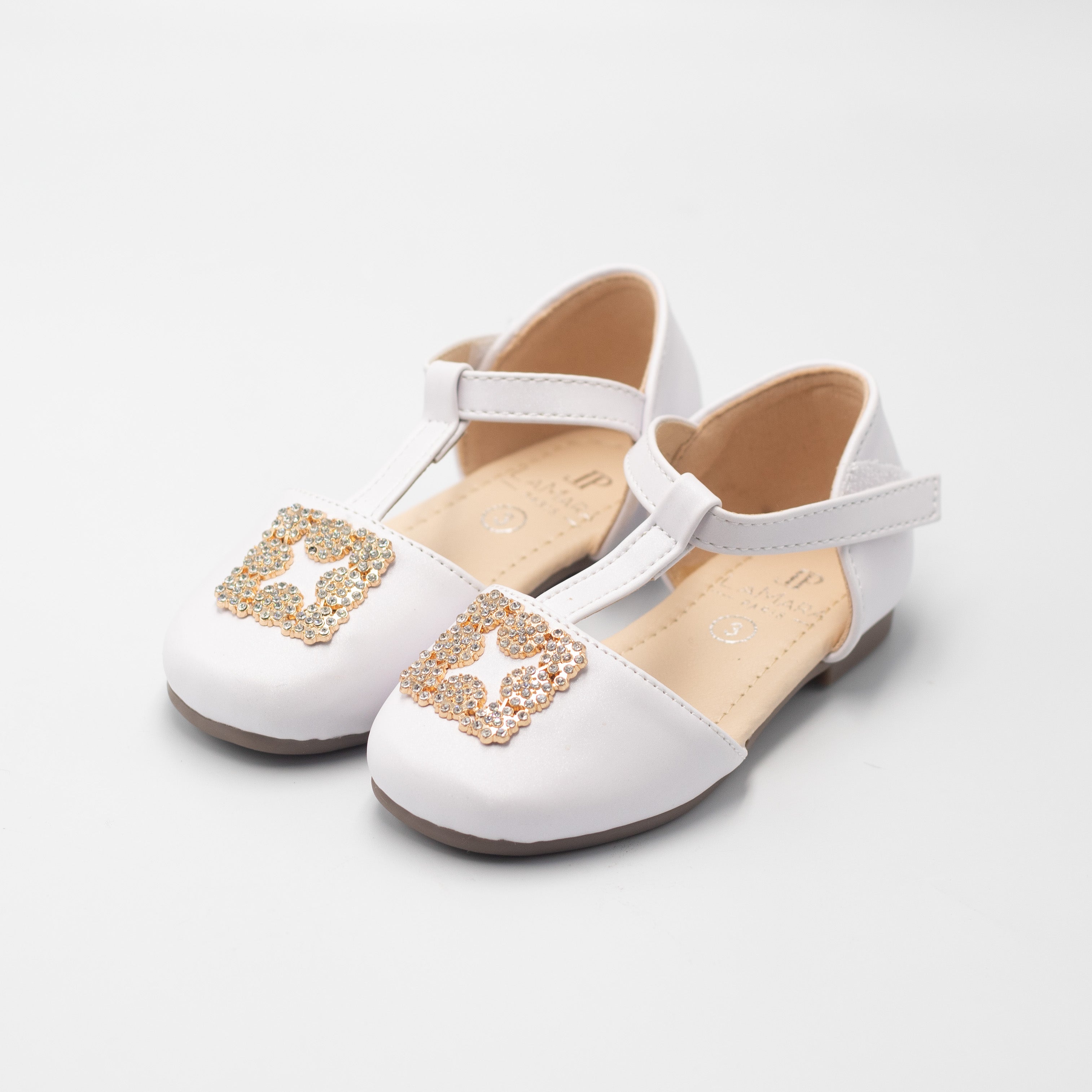 Ayla baby girls t-shaped belt pump with gold trim white