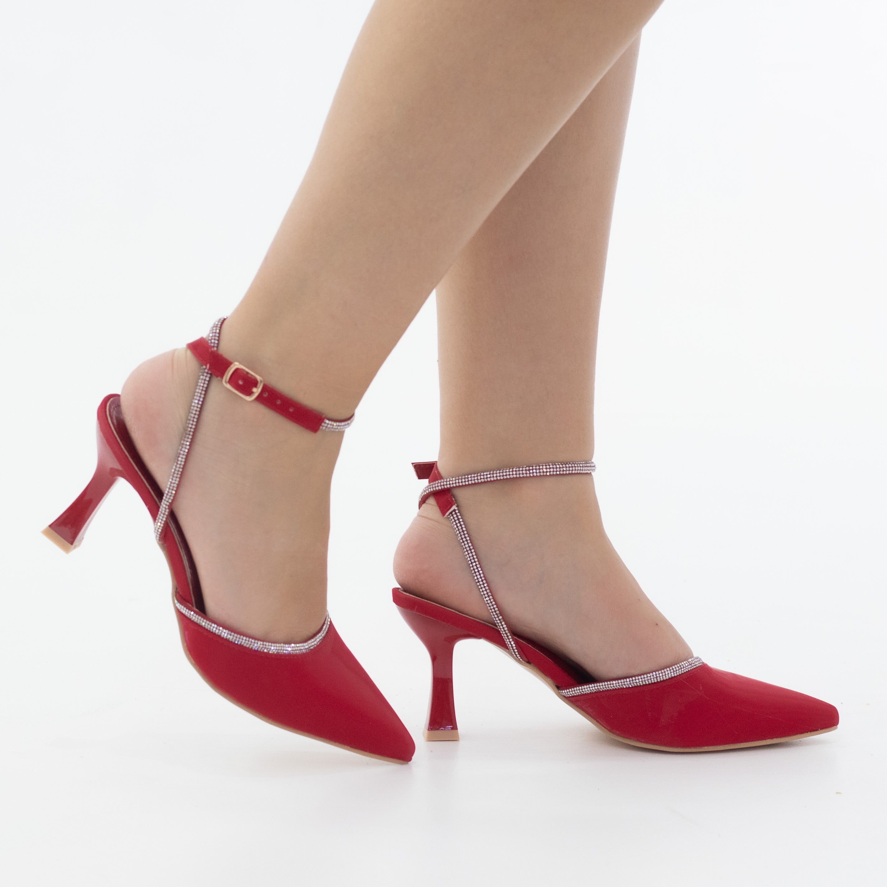 Hamisha embellished with diamante detailed on spool heel red