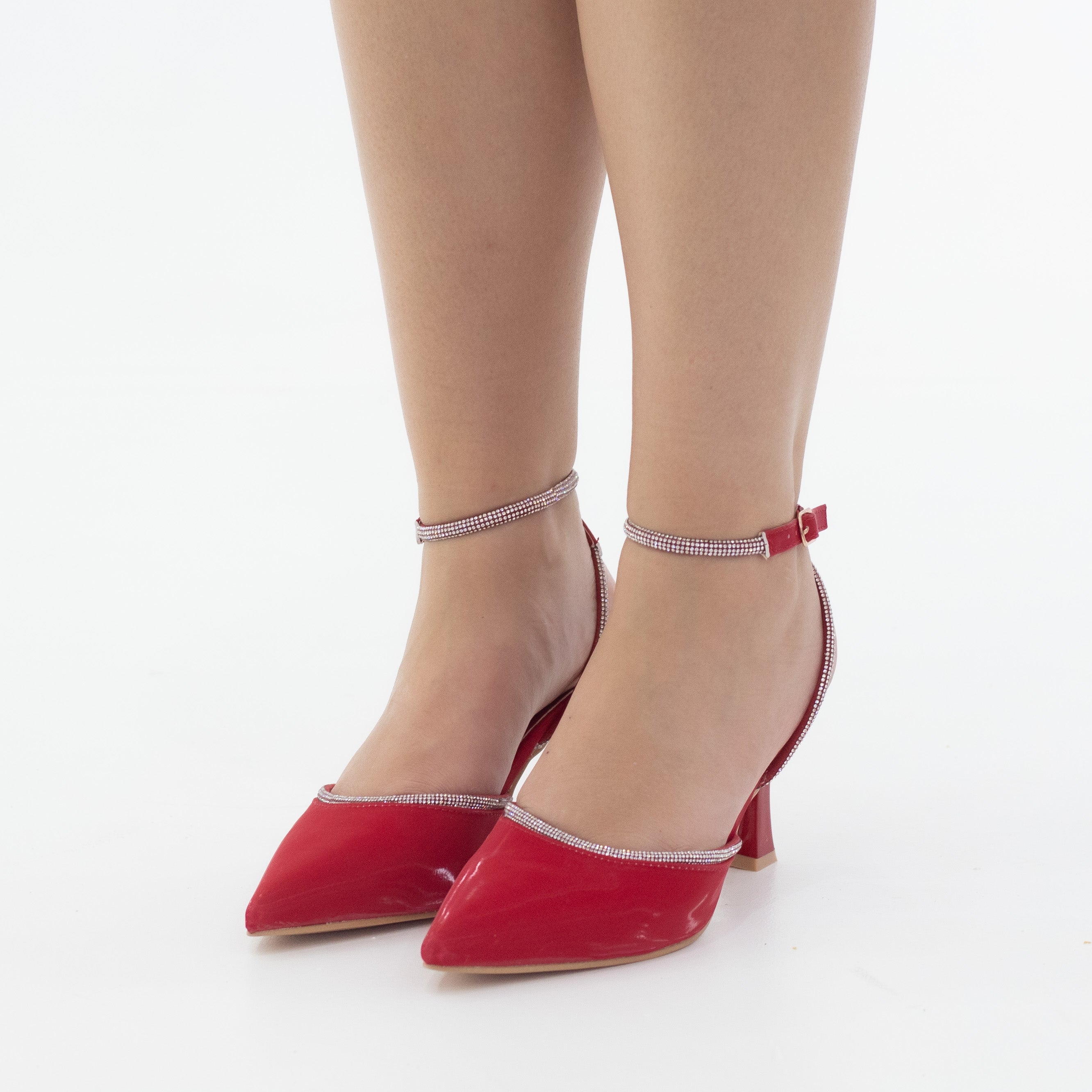 Hamisha embellished with diamante detailed on spool heel red