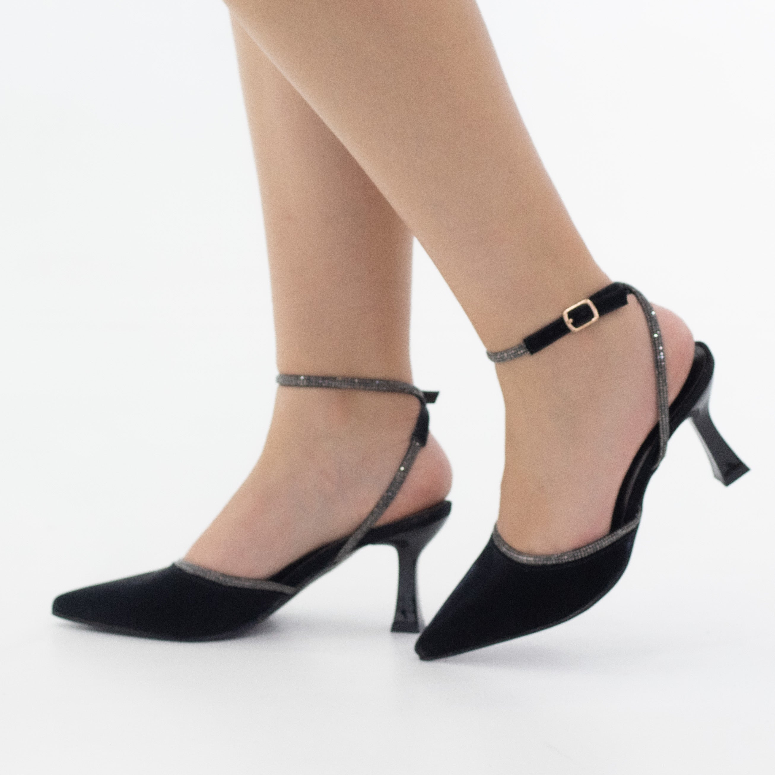 Black embellished with diamante detailed on spool heel black
