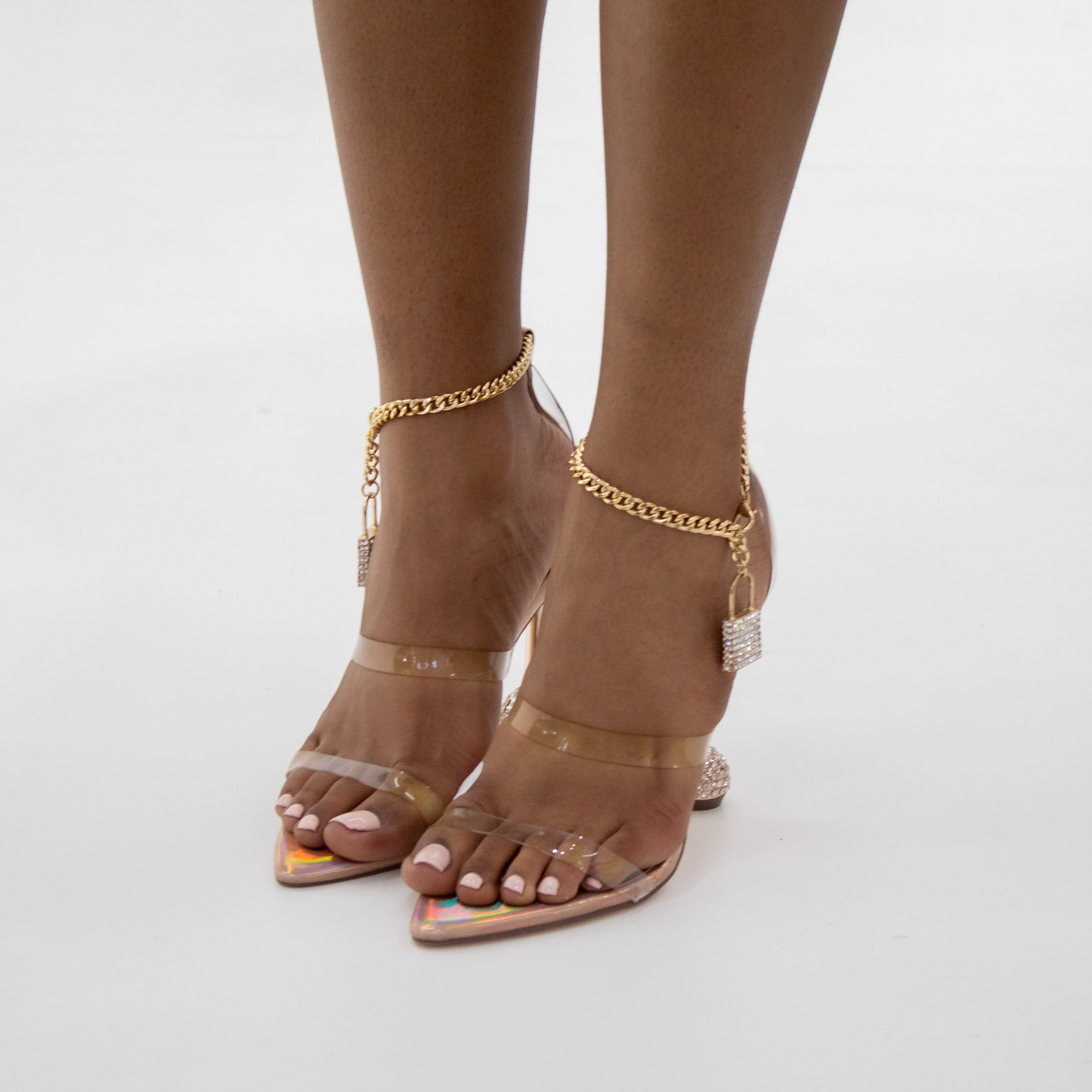Marina double vynl band padlock chain strap sandal on ball heel base gold