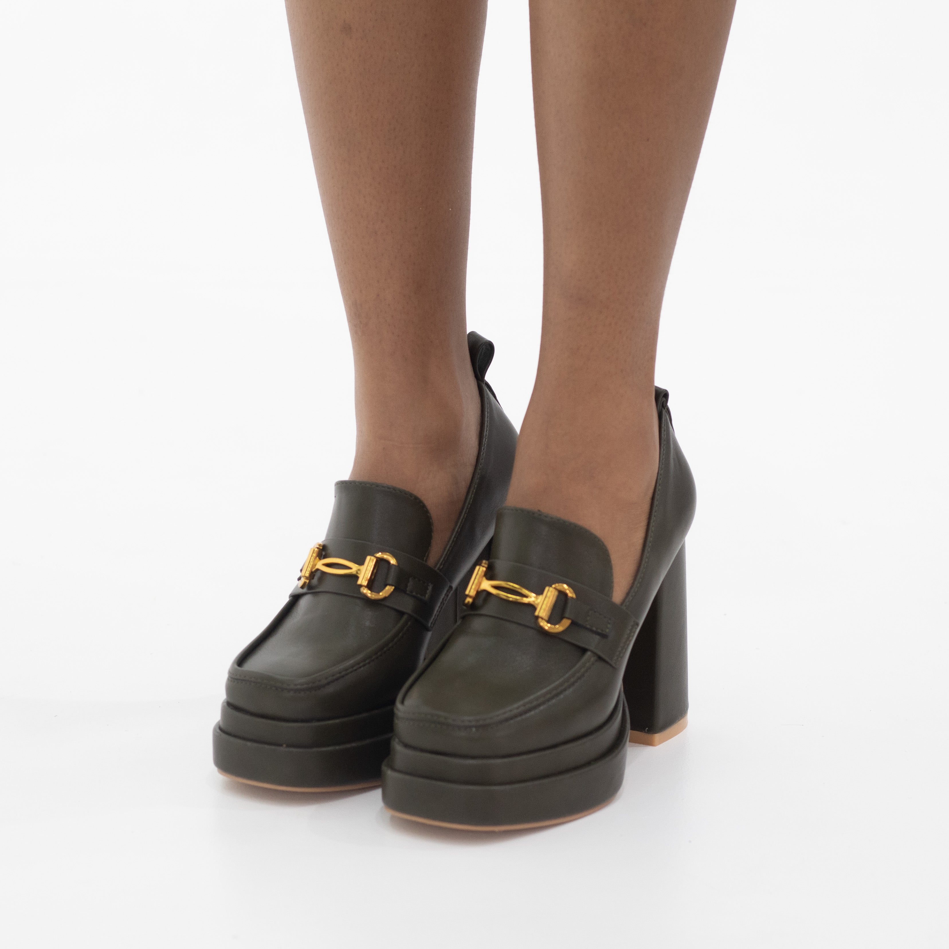 Olive green 11.5cm platform block high  heel with trim ohio