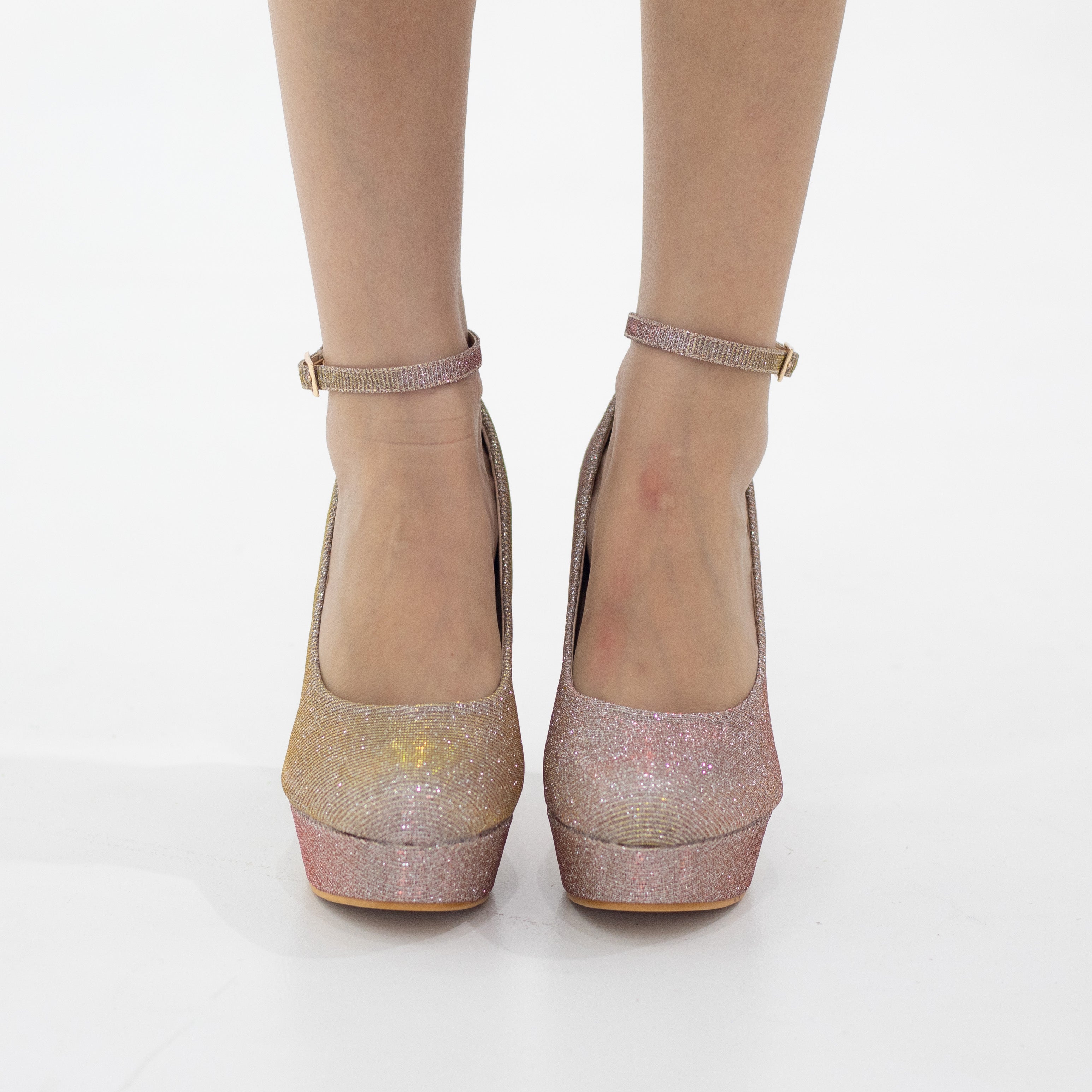 Rose gold ankle strap platform courts shimmer 12cm heel irana