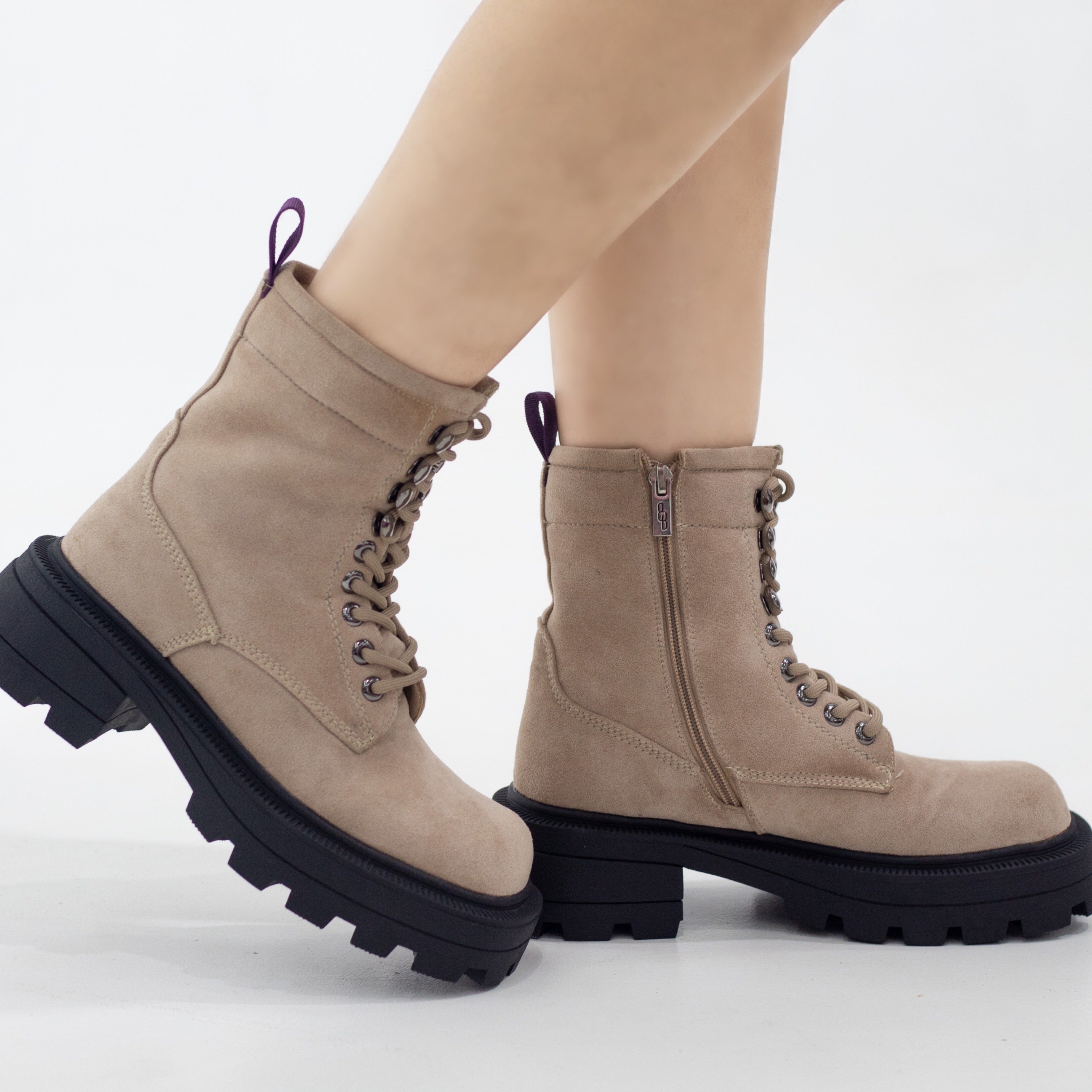 Beige micro fibre chunky lace up ankle boot okara