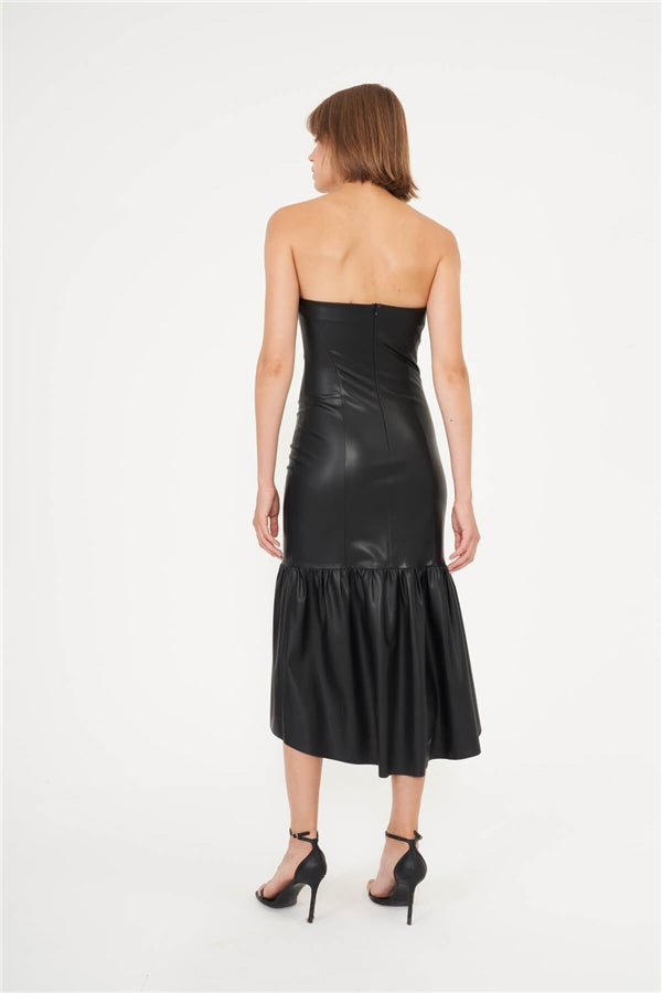 Black strapless vegan leather midi dress mila
