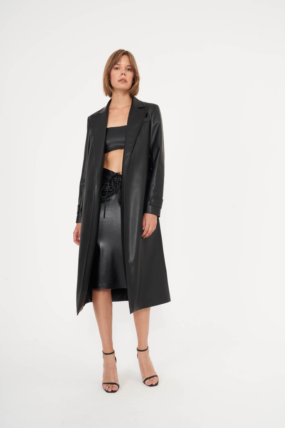 Black drawstring vegan leather midi skirt siyah