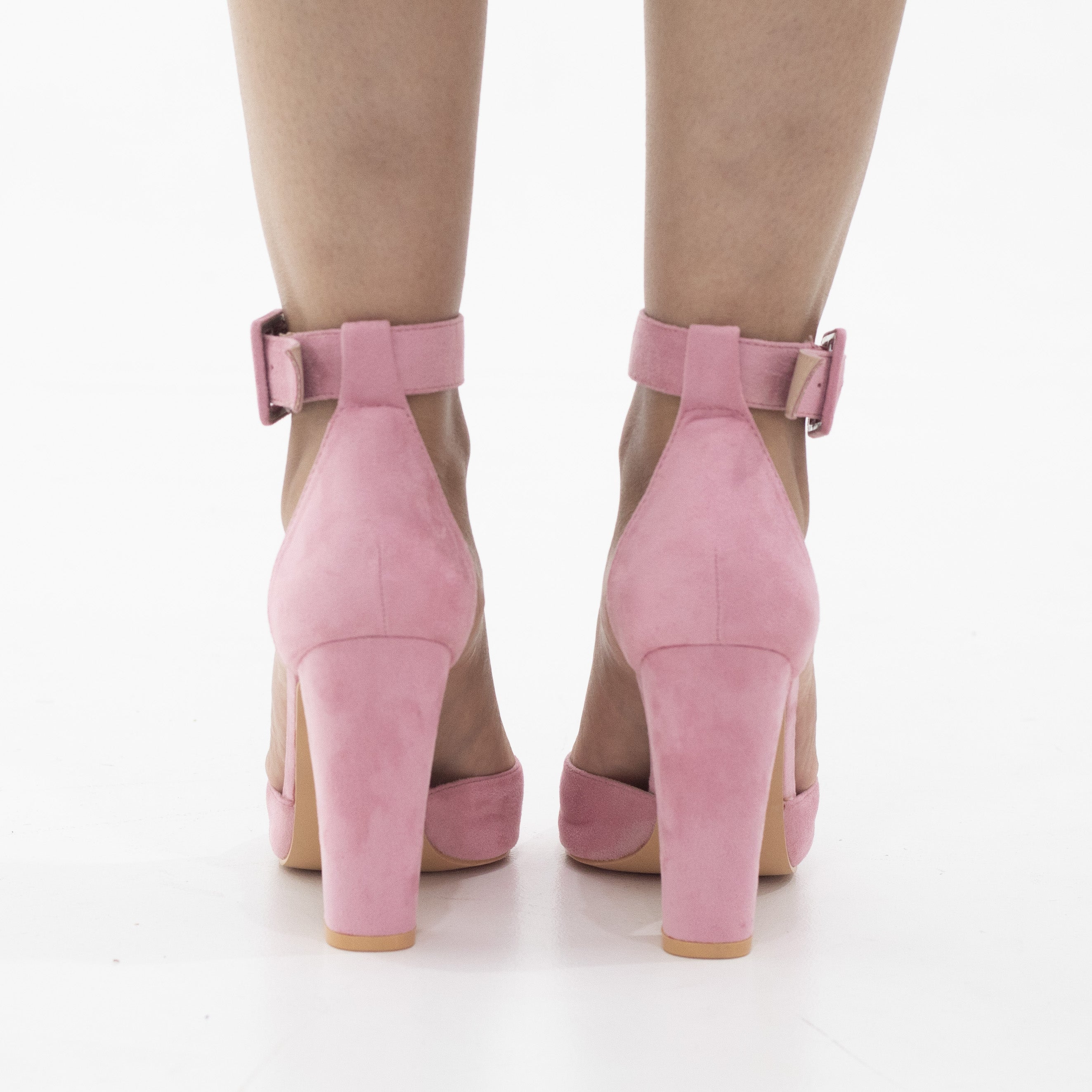 Pink open waist pointy on 10cm block heel zirconia