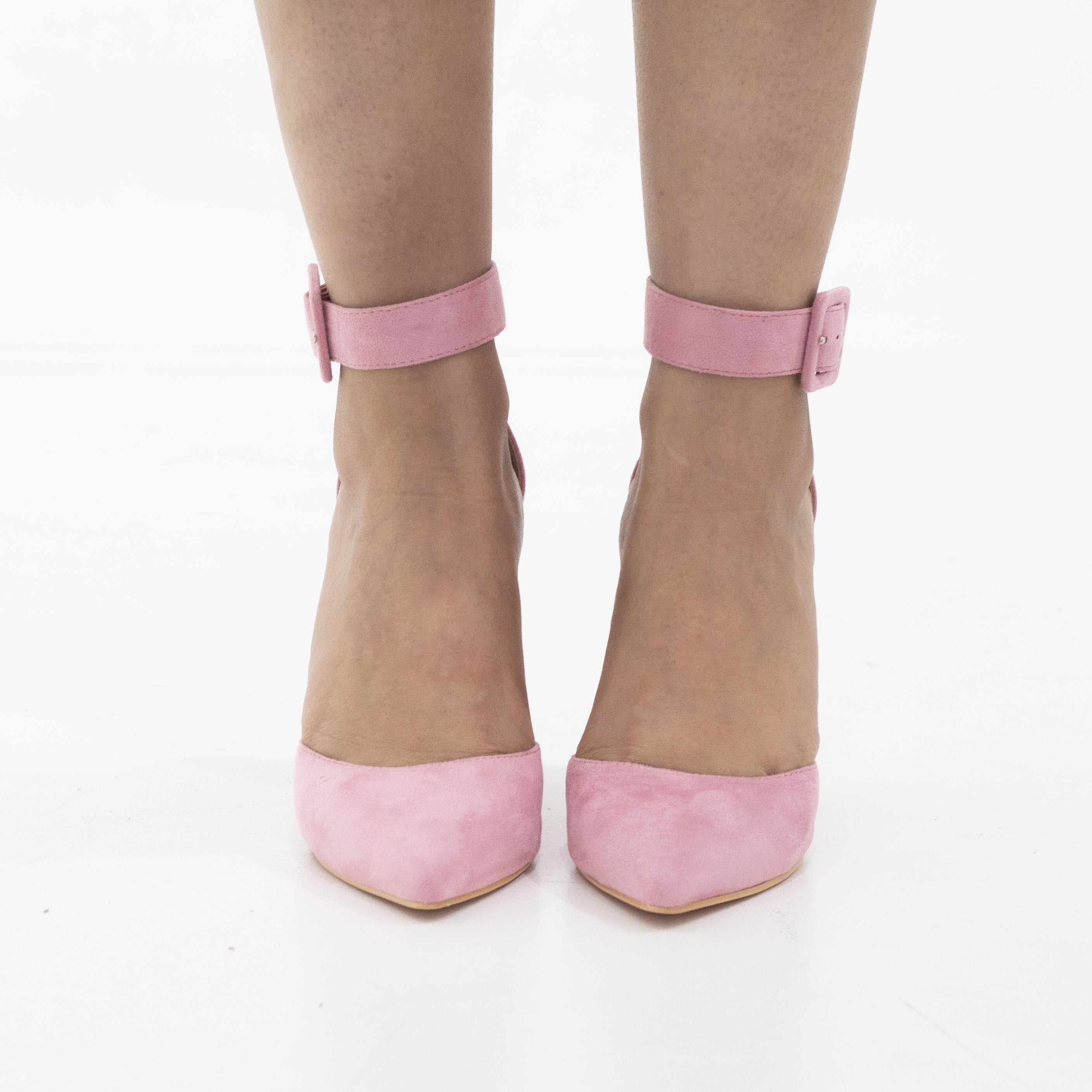 Pink open waist pointy on 10cm block heel zirconia
