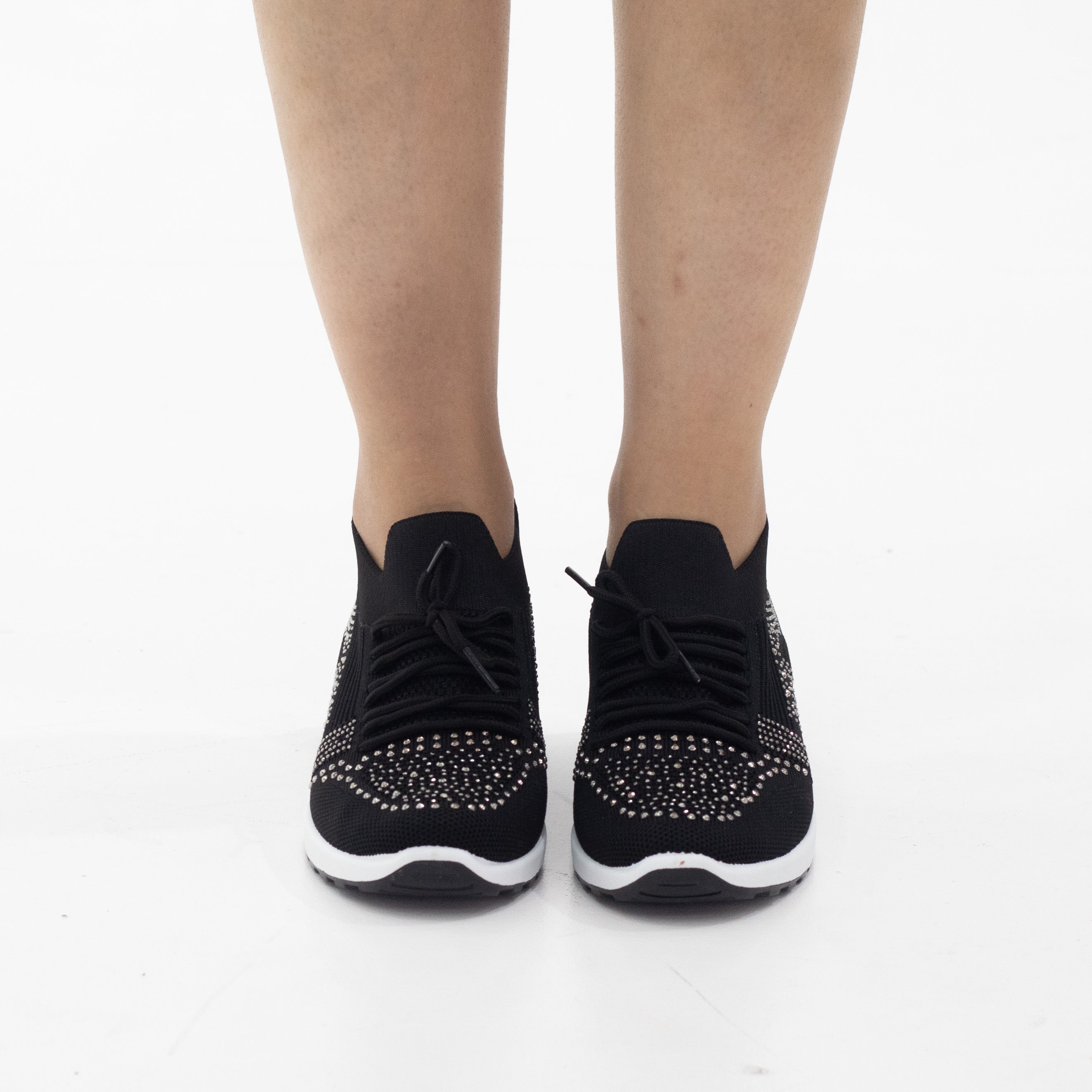 Black fly knit lace up sneaker with diamonds obioma