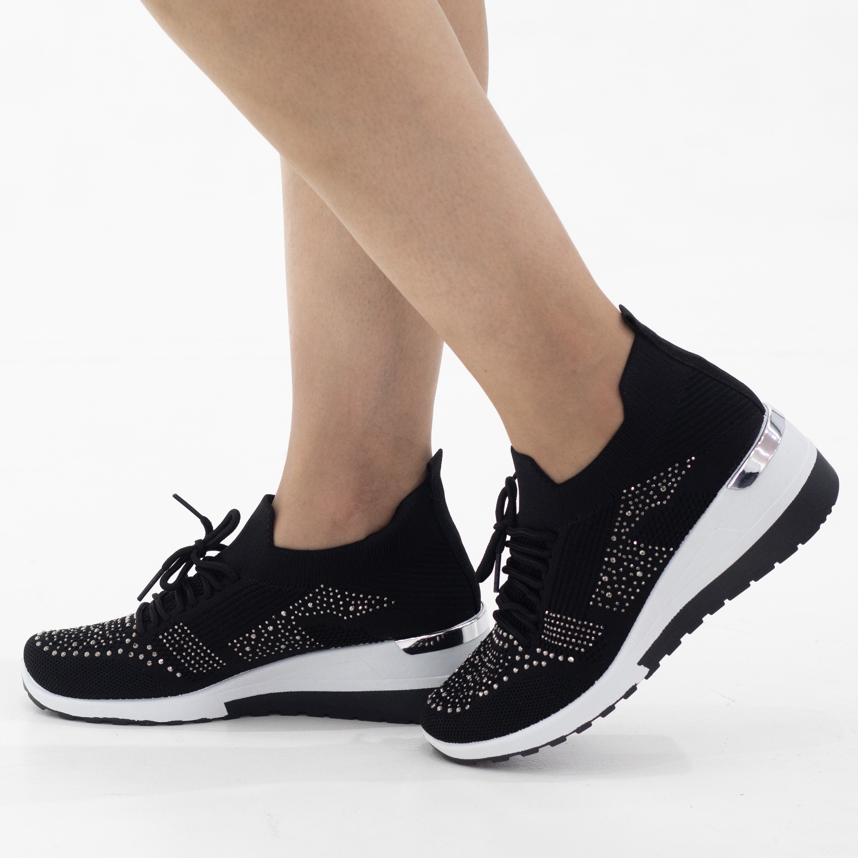 Black fly knit lace up sneaker with diamonds obioma