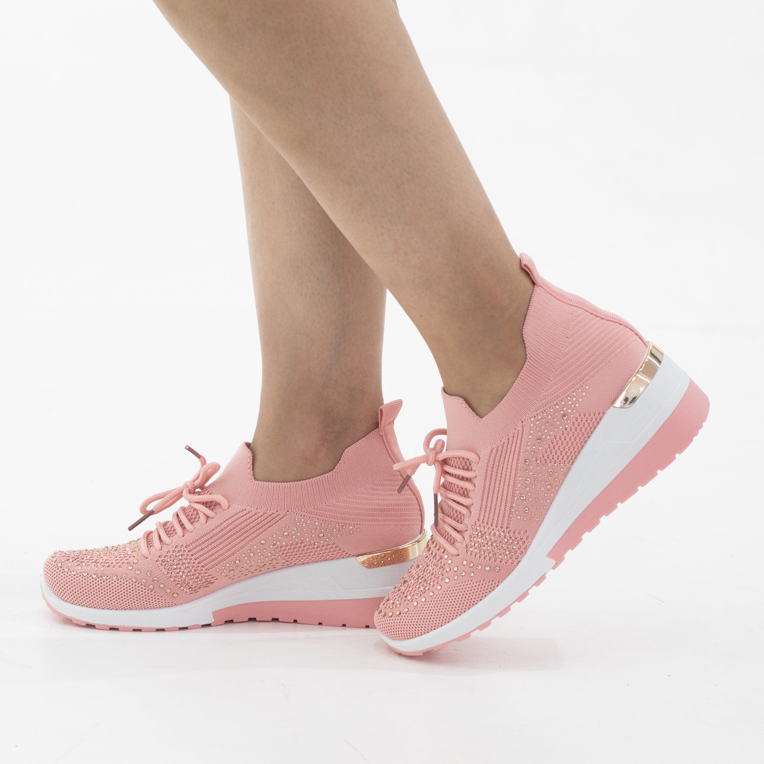Obioma fly knit lace up sneaker with diamonds pink