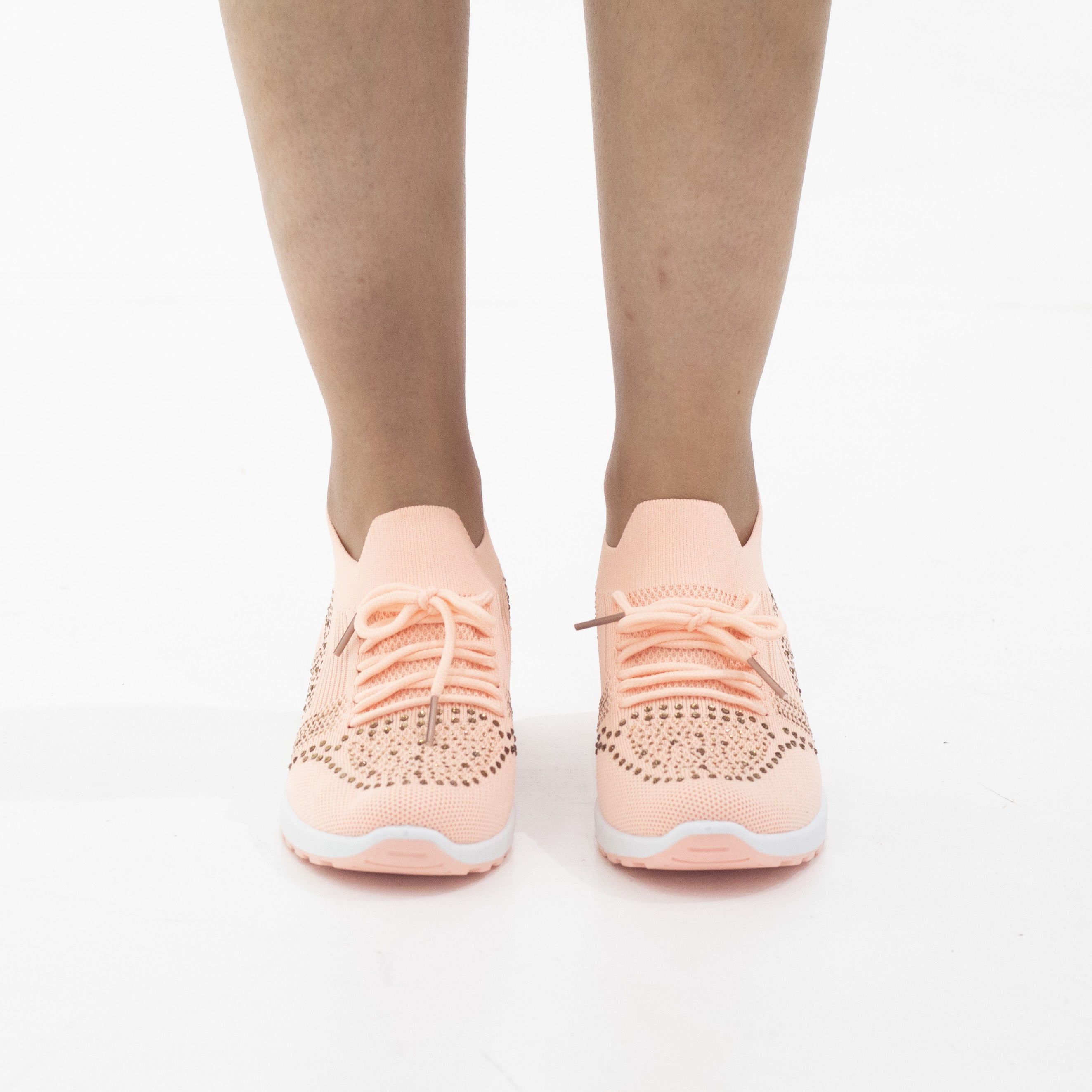 Obioma fly knit lace up sneaker with diamonds apricot