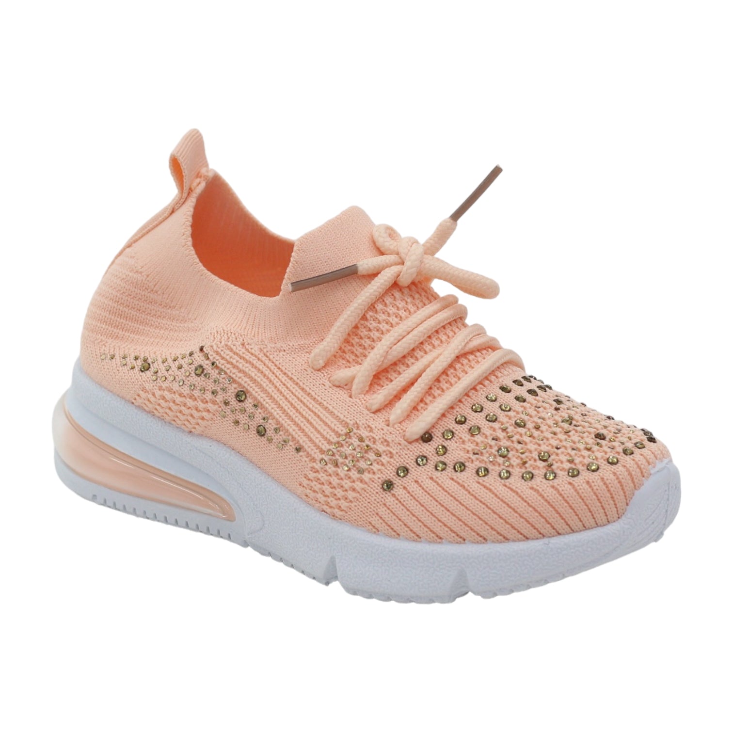 Obioma girls fly knit lace up sneaker with diamonds apricot