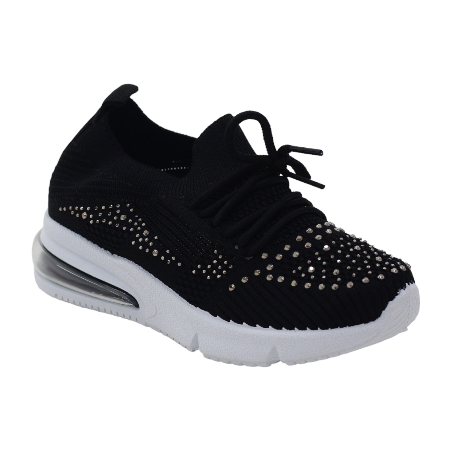 Obioma girls fly knit lace up sneaker with diamonds black