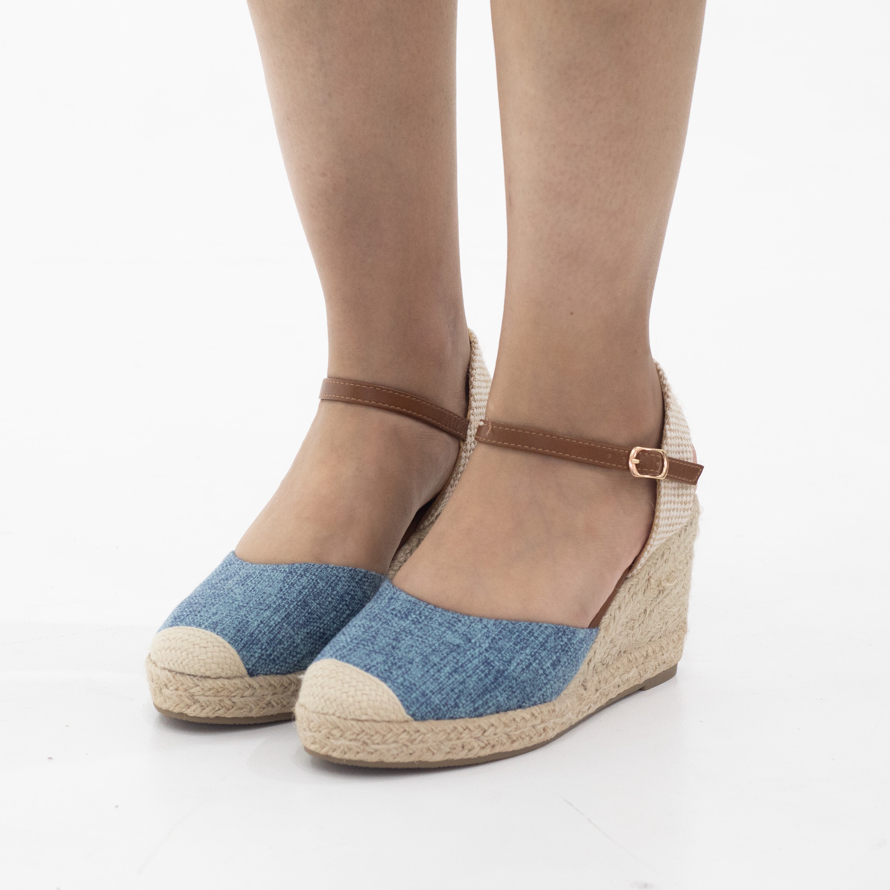 Hitomi espadrille woven closed toe 8cm wedge heel sandals denim blue