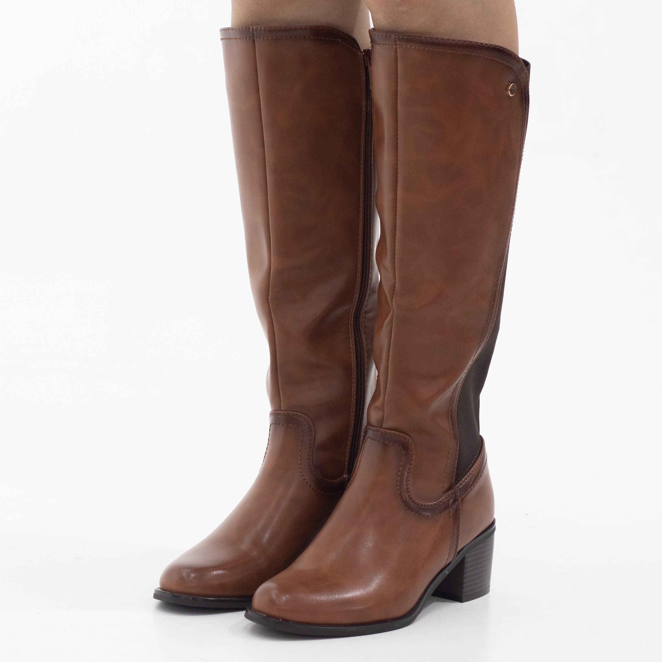 Yada knee high with elastic mat back boots 6cm heel tan