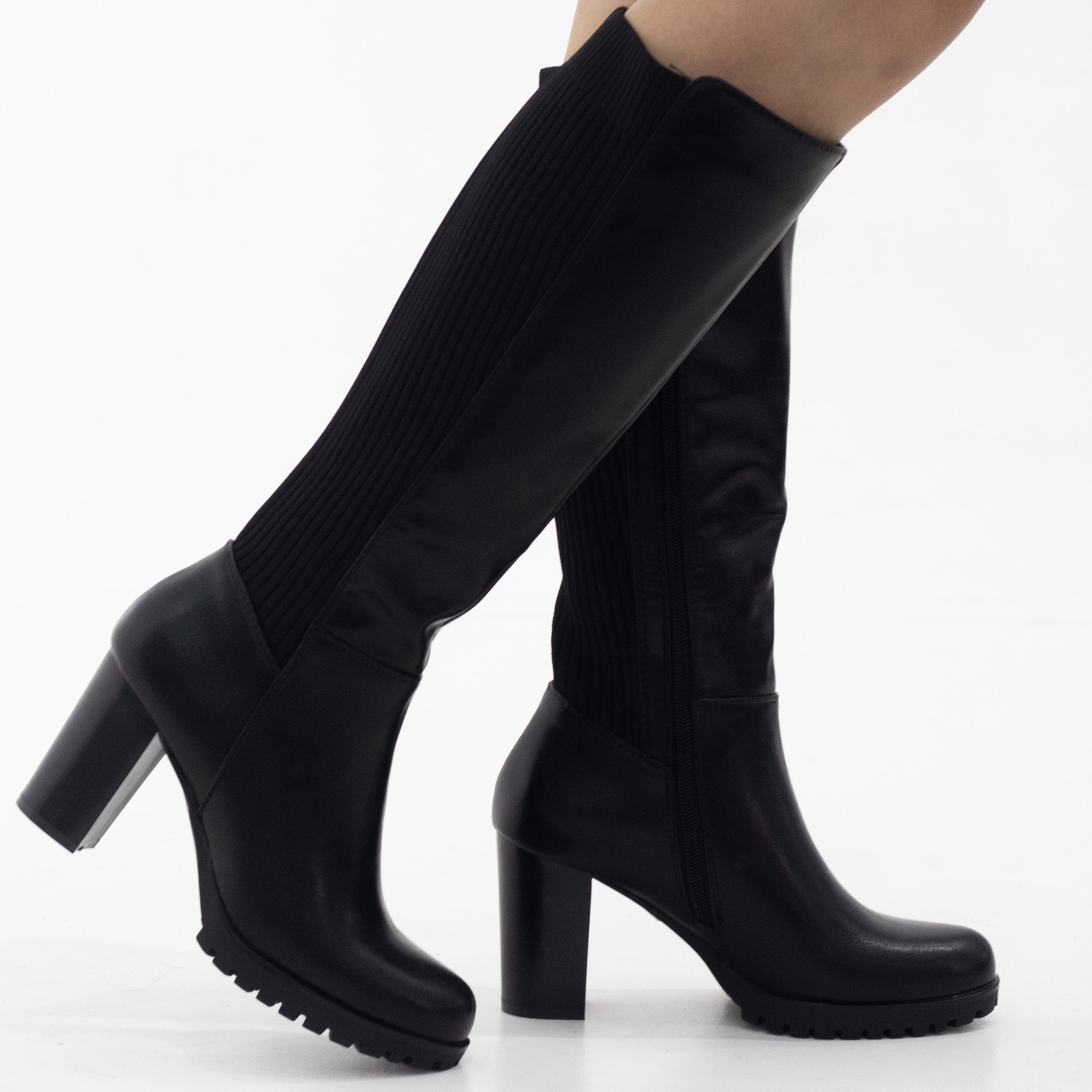 Yahira knee high with sock mat boots 8cm heel black