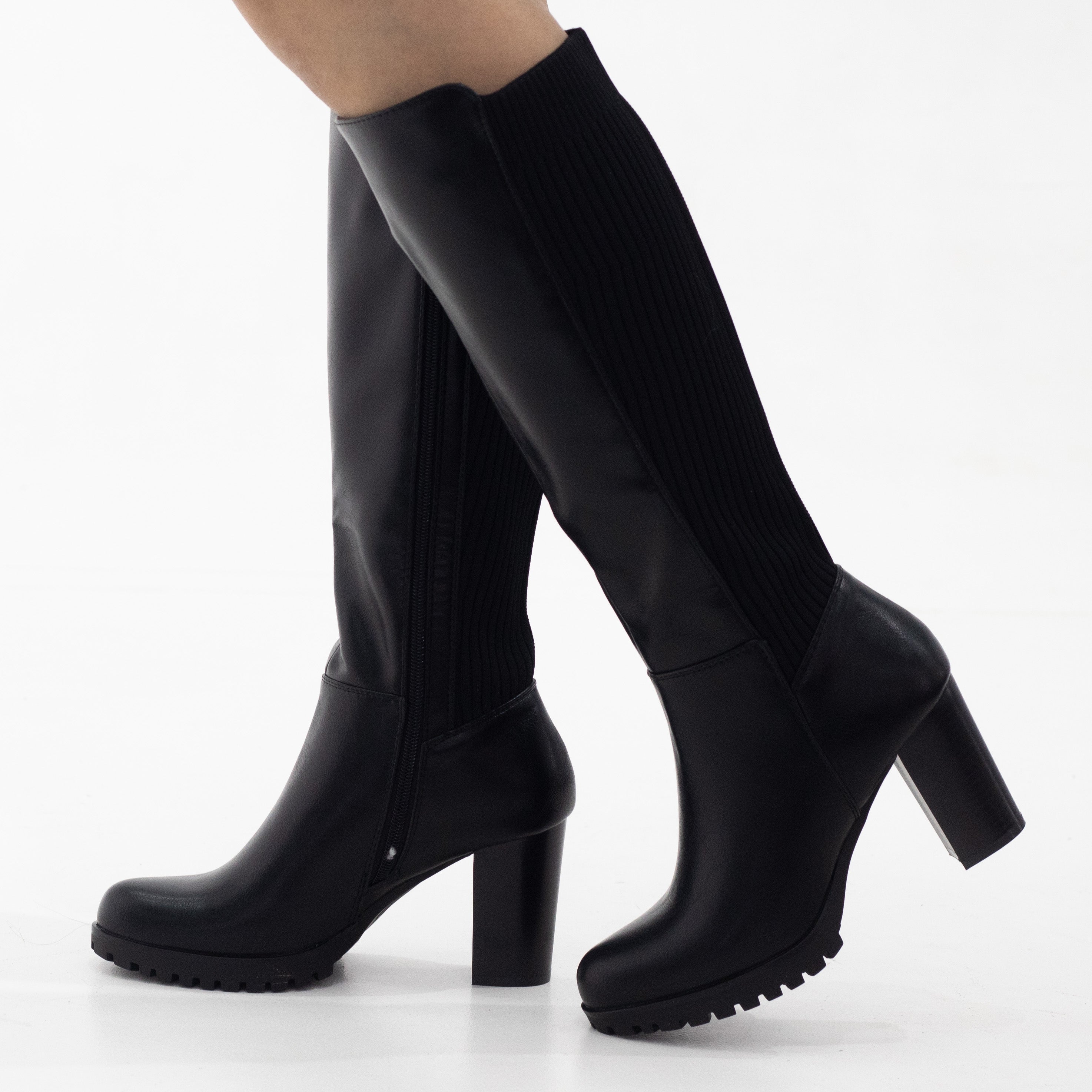 Black knee high with sock mat boots 8cm heel yahira