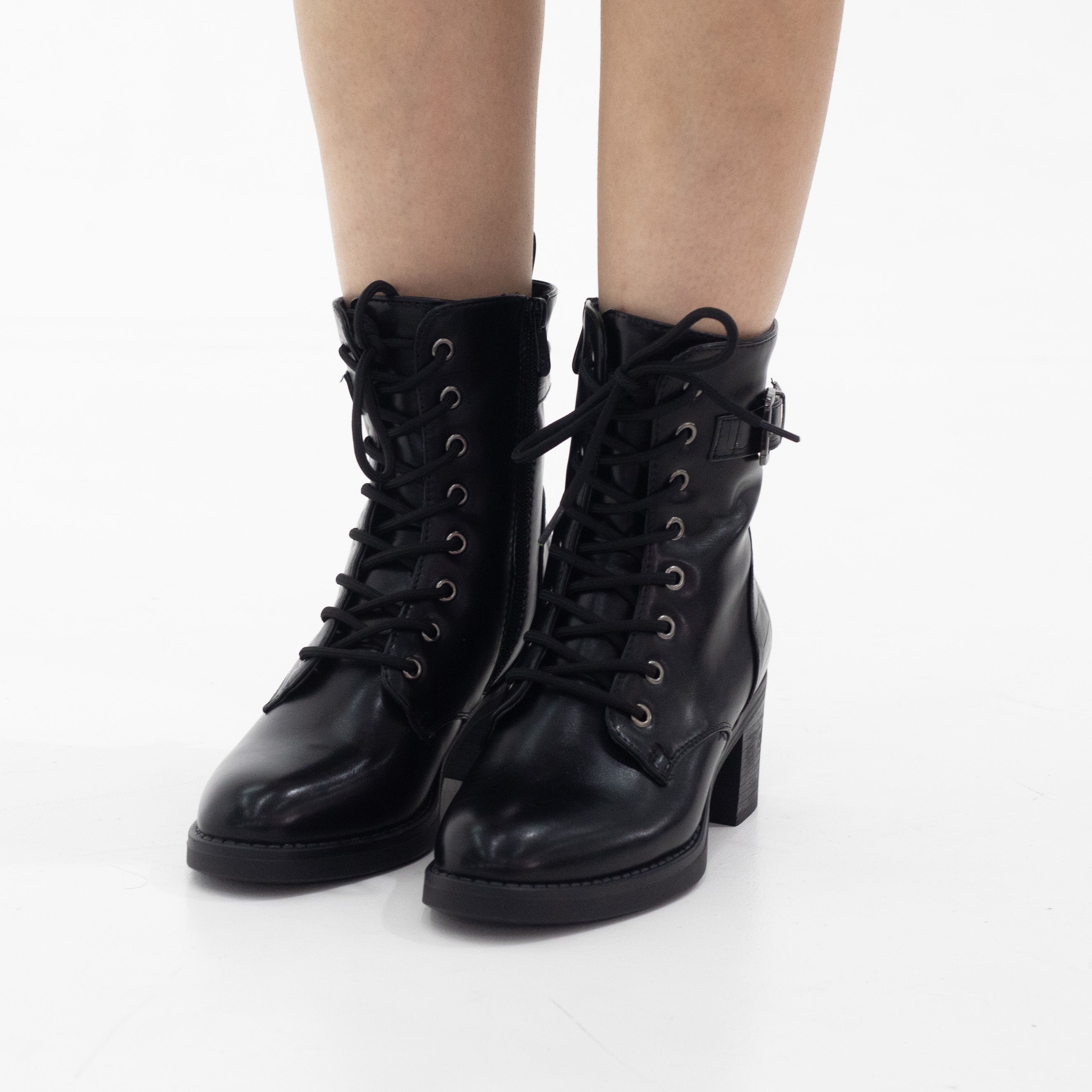 Black biker lace up 6.cm heel ankle boot maddy