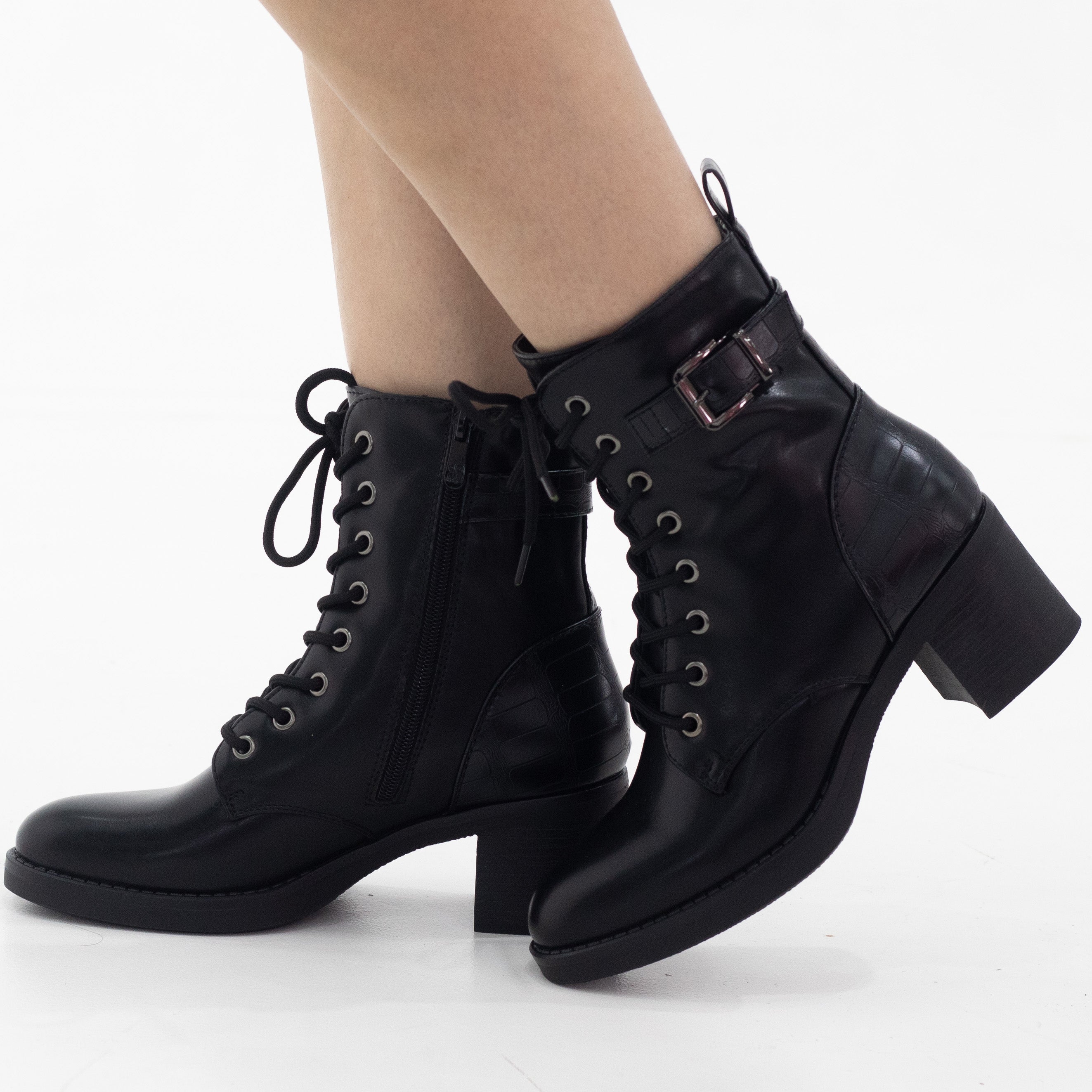 Black biker lace up 6.cm heel ankle boot maddy