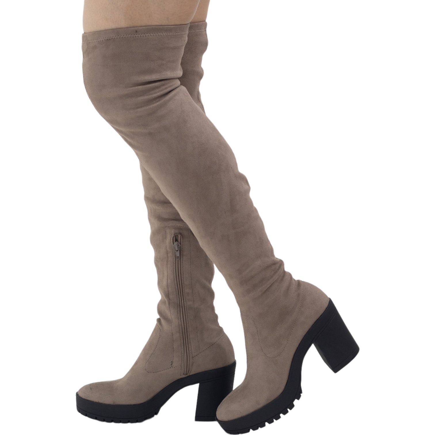 Taupe thigh high back boot 9cm heel garnet
