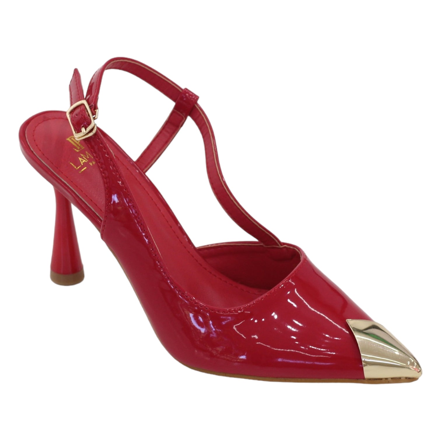 Red 8.5cm heel pat sling back with gold pointy toe obella