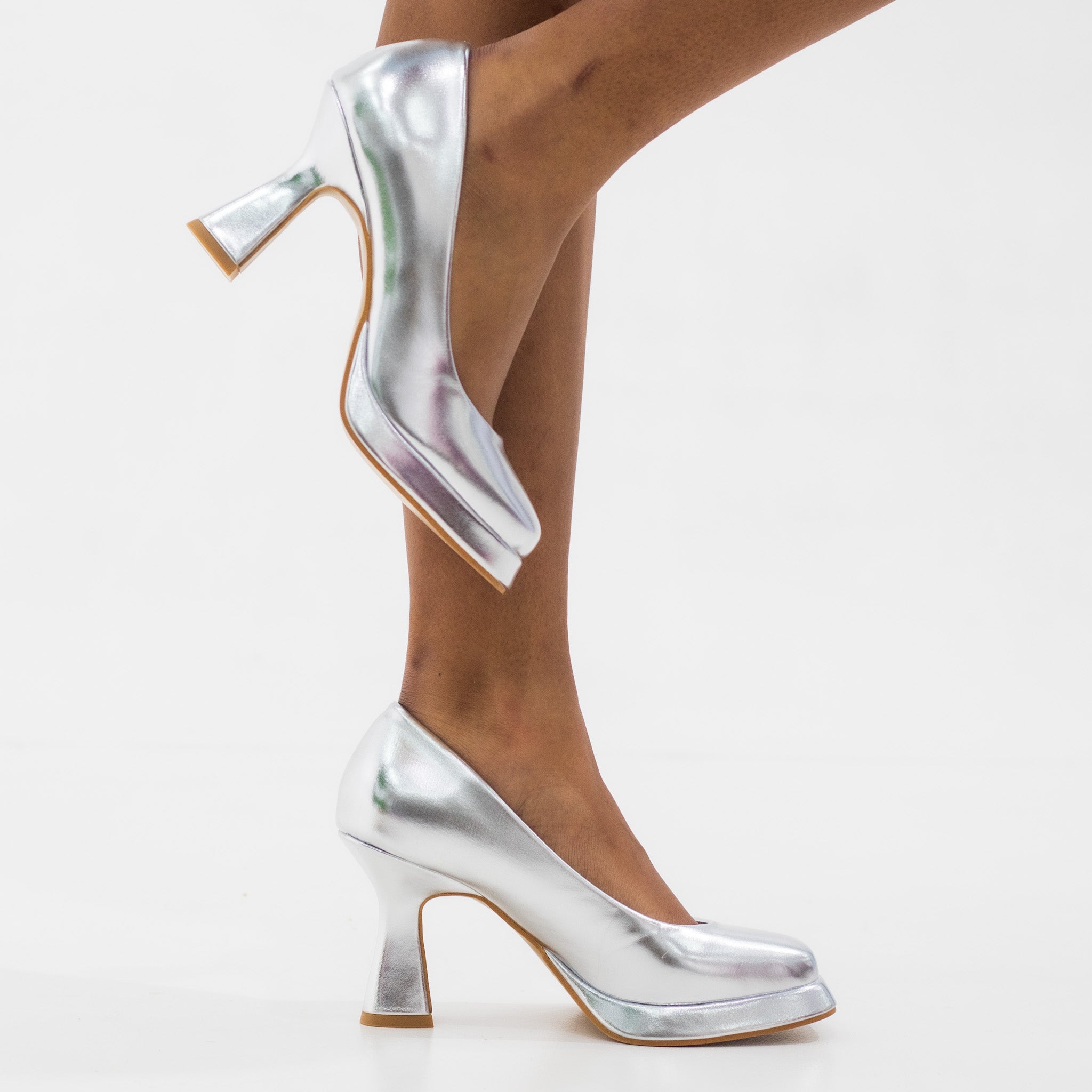 Silver 9cm heel platform court shoe concorde
