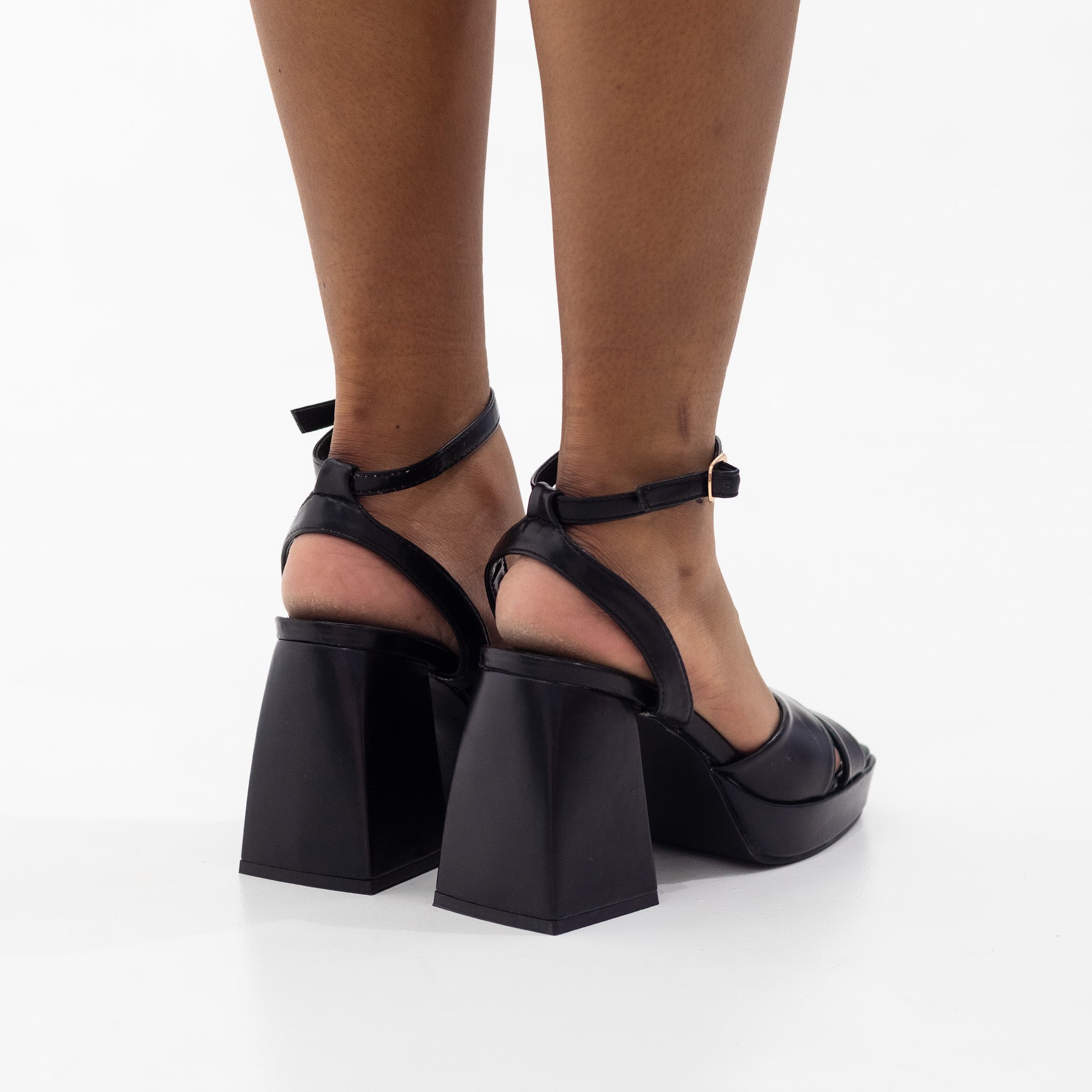 Black one band sandal on 7.5cm platform heel udoka