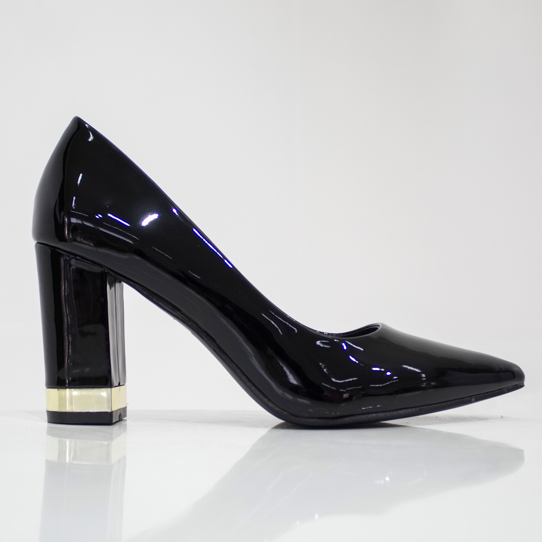 black pat court shoe on 8.5cm block gold trim heel 