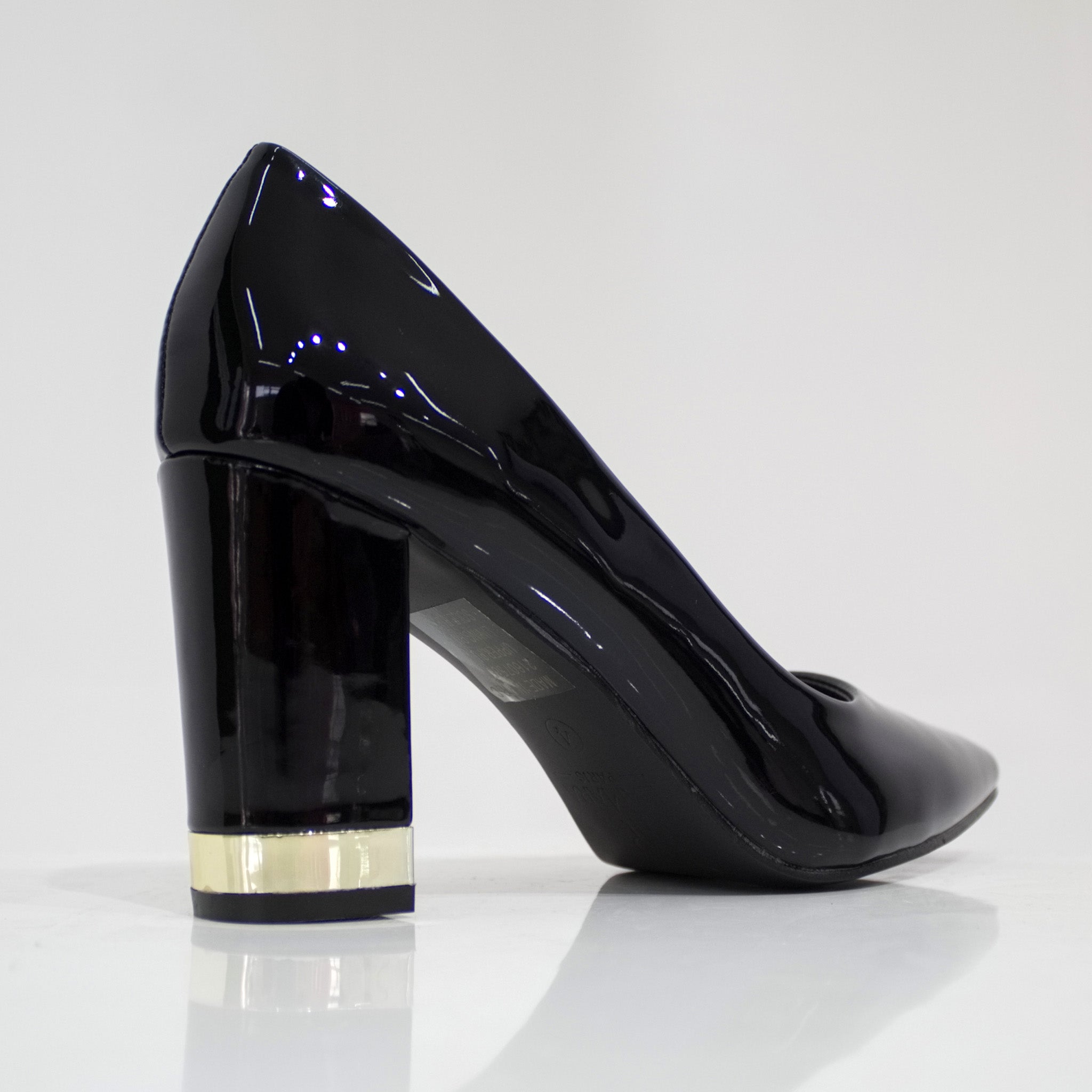 Black pat court shoe on 8.5cm block gold trim heel himani