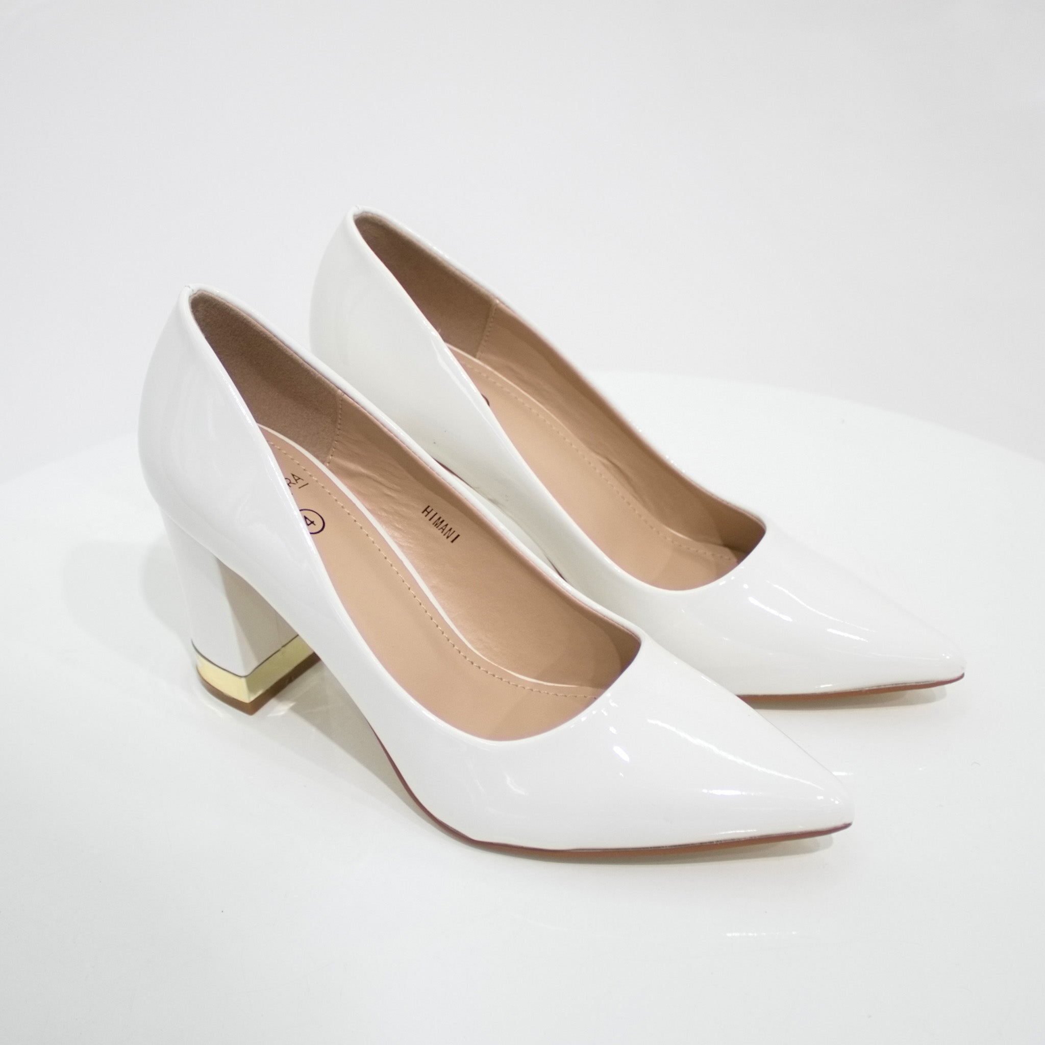 white pat court shoe on 8.5cm block gold trim heel 