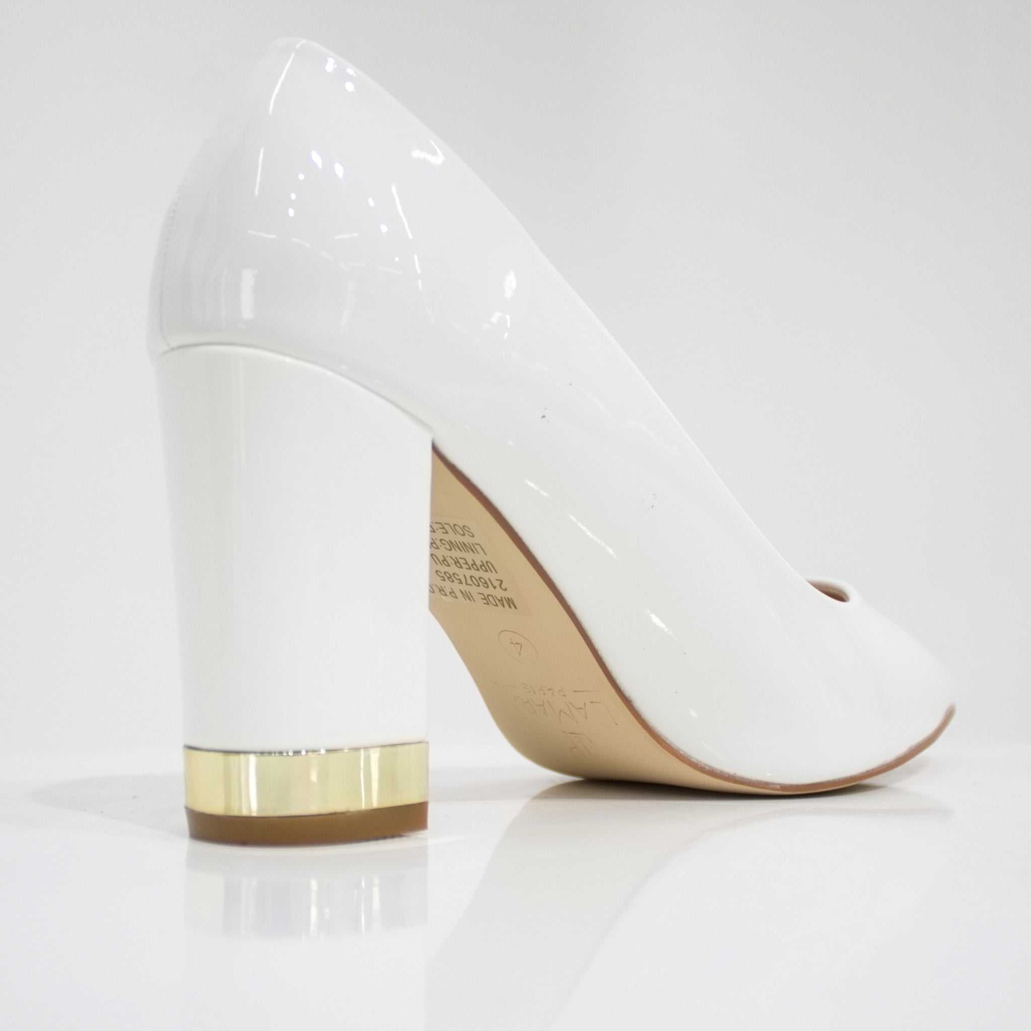 White pat court shoe on 8.5cm block gold trim heel white himani