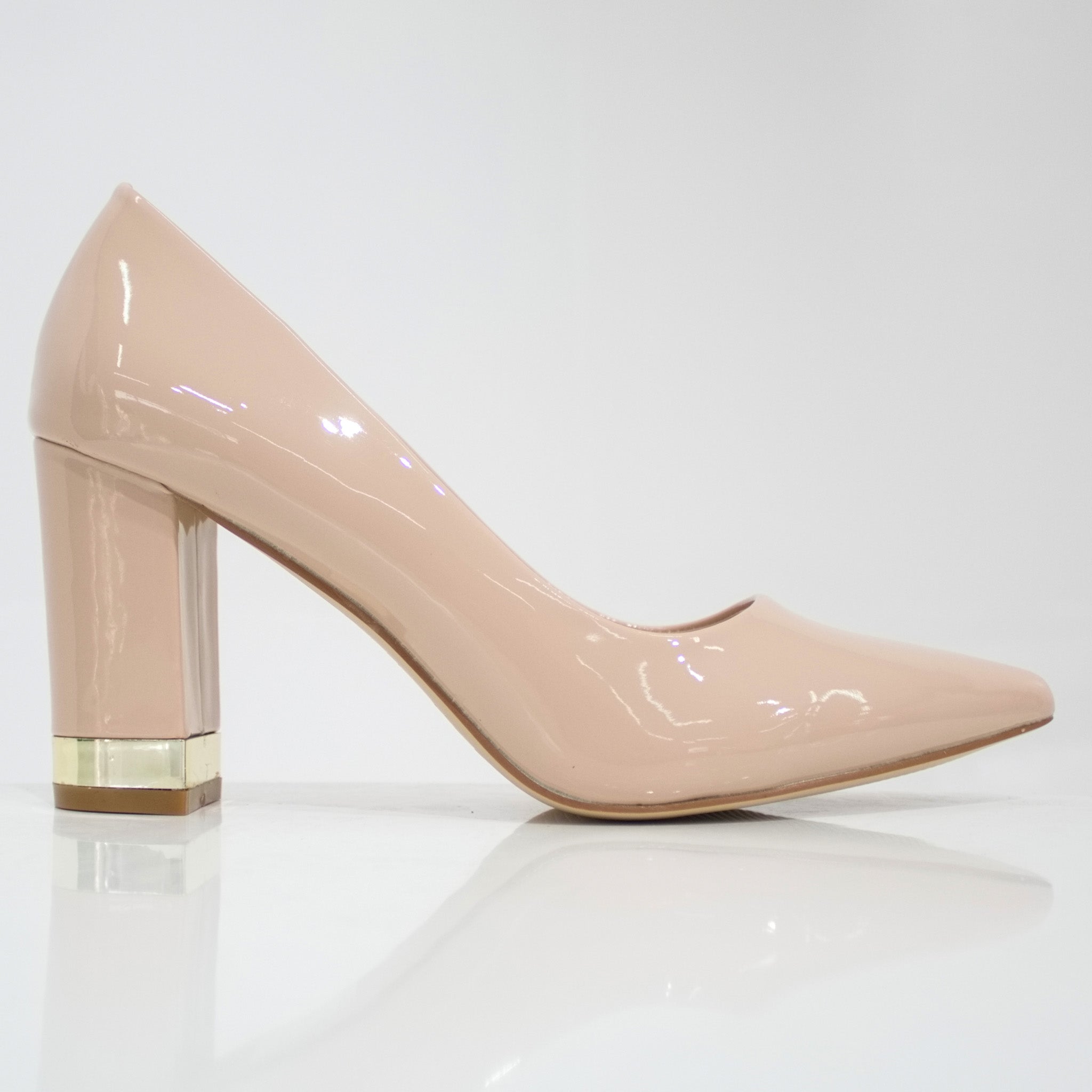 nude pat court shoe on 8.5cm block gold trim heel 