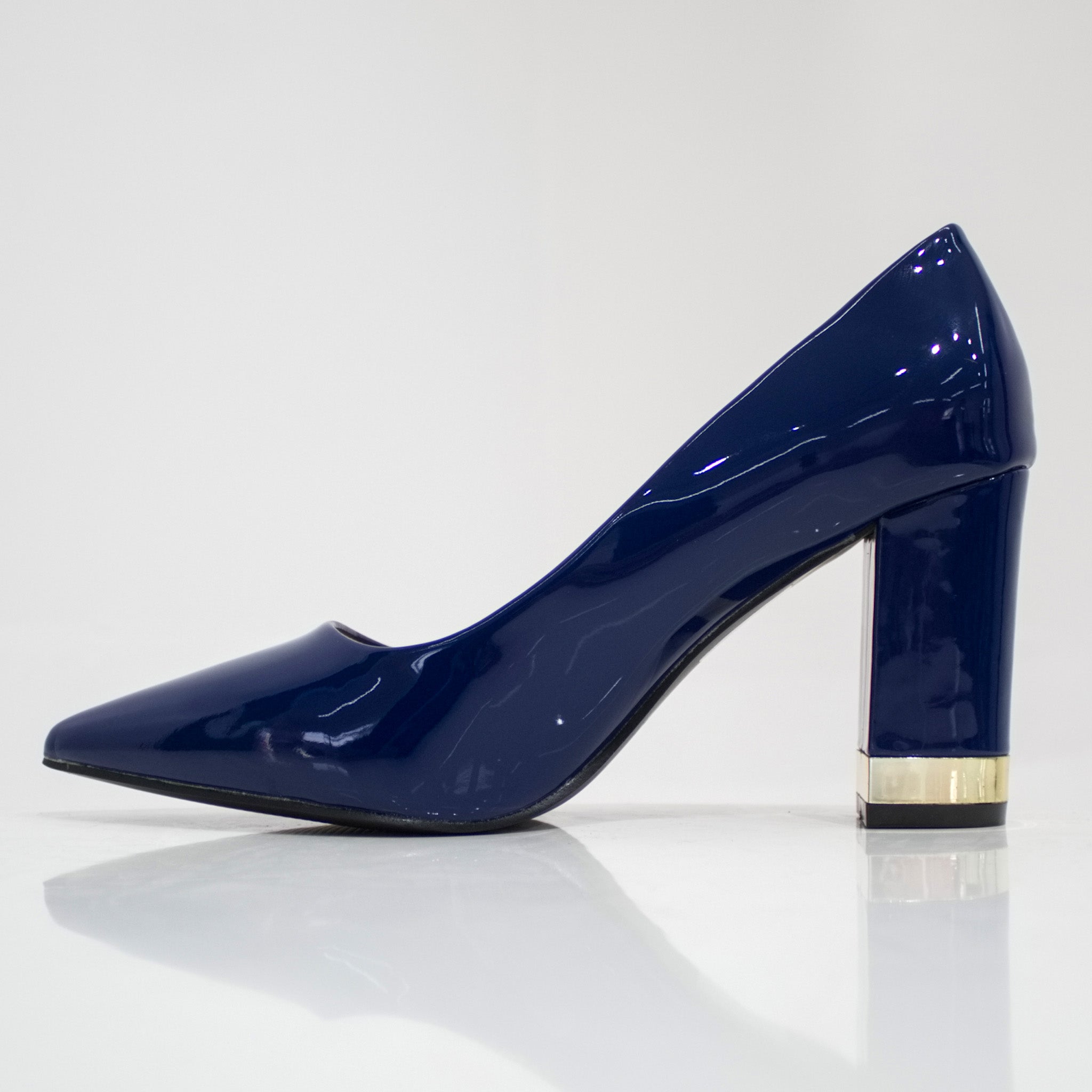blue pat court shoe on 8.5cm block gold trim heel 