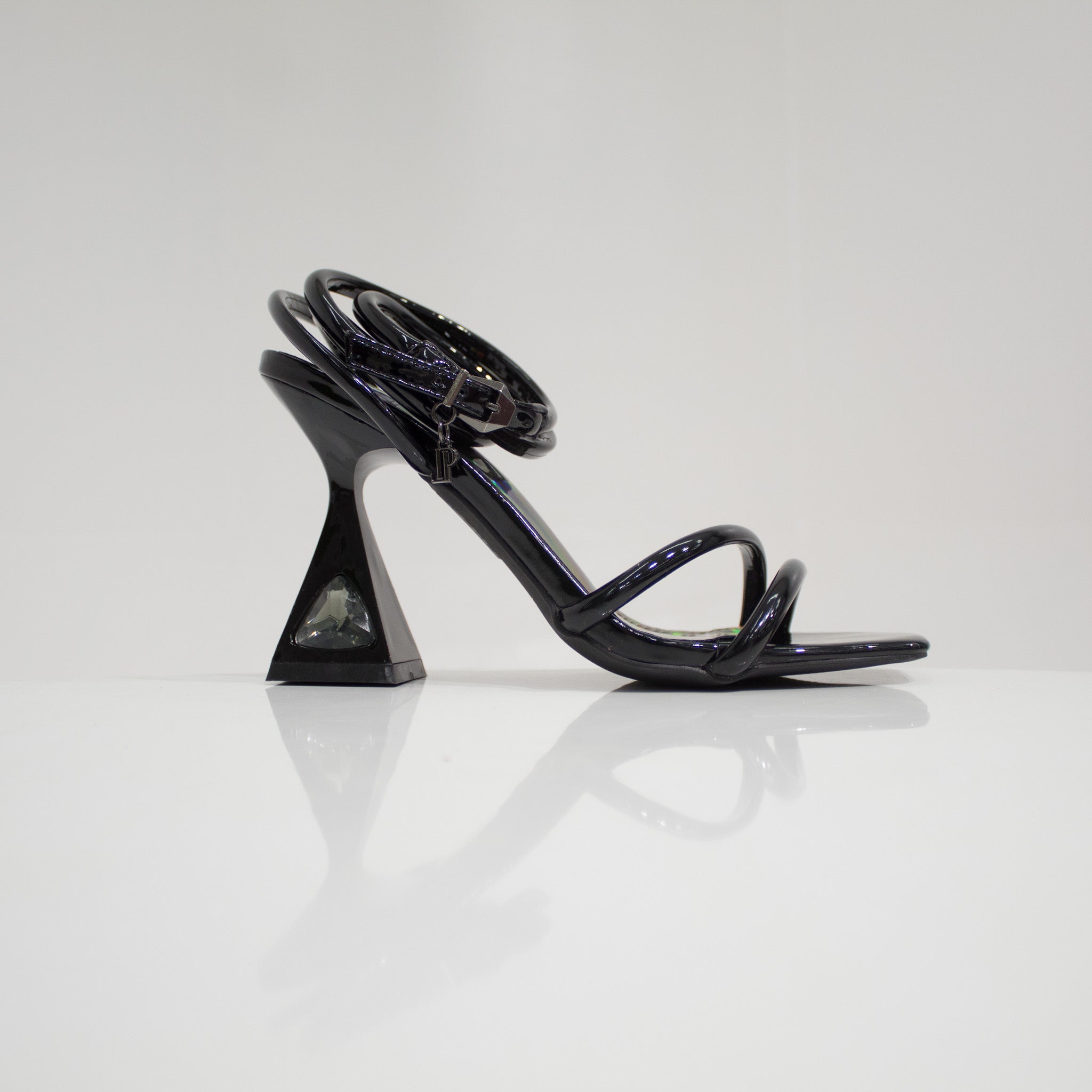Kuhu pat stripy ankle strap sandal on 9.5cm curved heel black