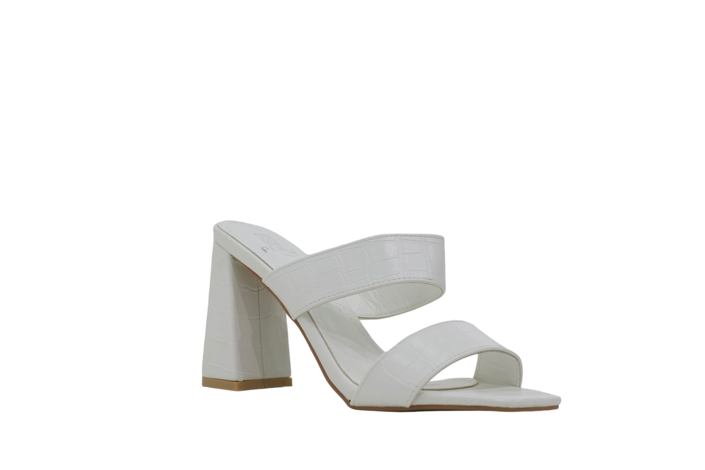 White 2 band slide on a 9cm block heel perla