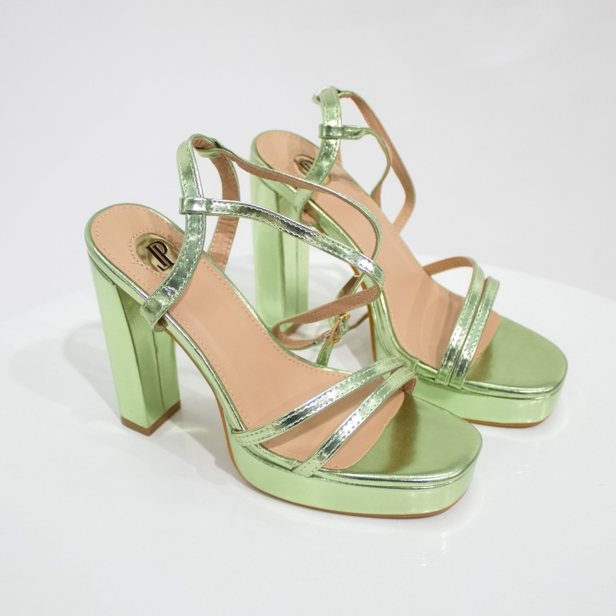 Aycra double band 11.5cm platform heel ankle strap sandal green