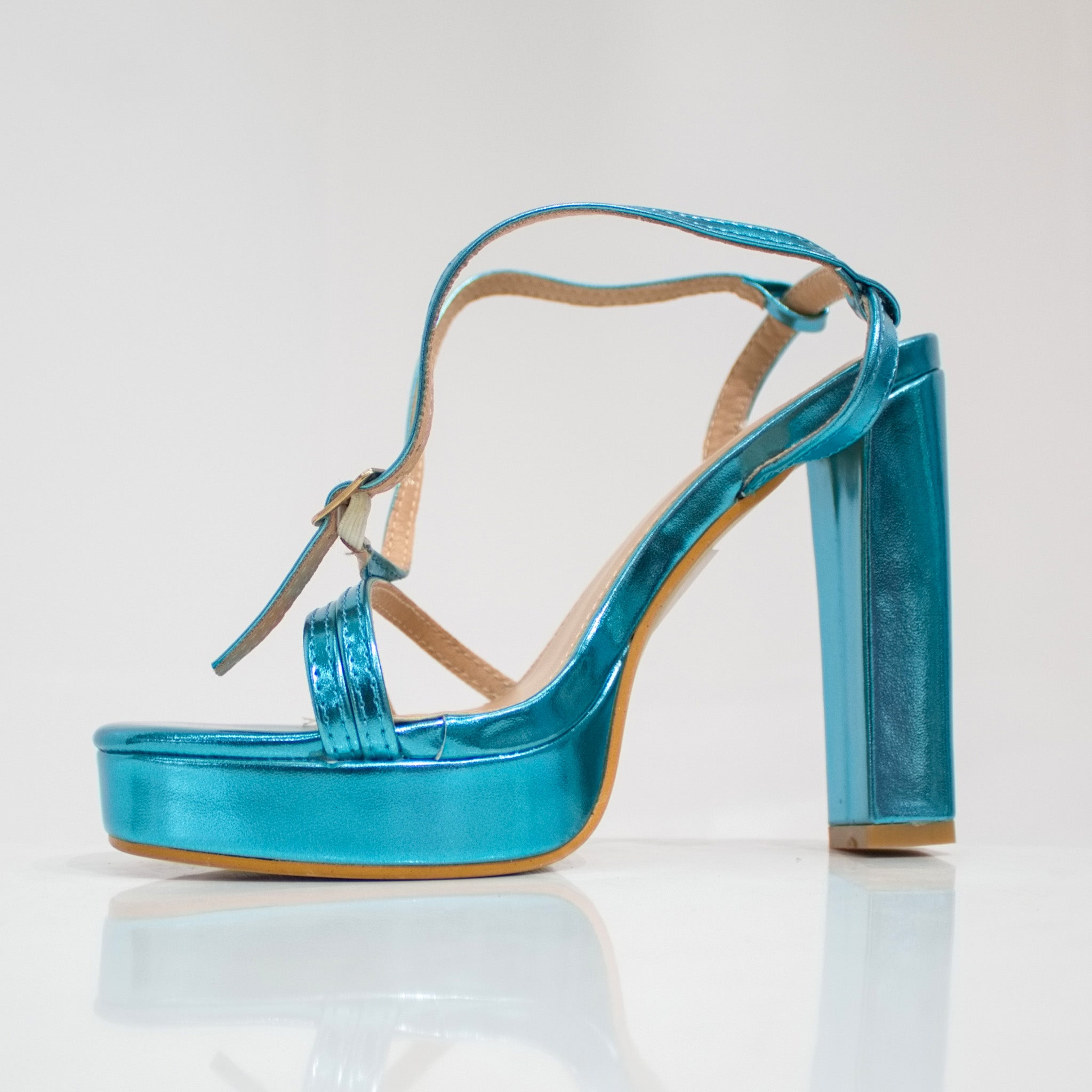 Aycra double band 11.5cm platform heel ankle strap sandal blue